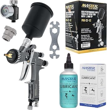 Master Elite High-Performance PRO-22 Series HVLP Touch Up Spray Gun with 1.2mm Tip and Air Pressure Regulator Gauge & Spray Gun and Airbrush Lubricant, 4 Ounce