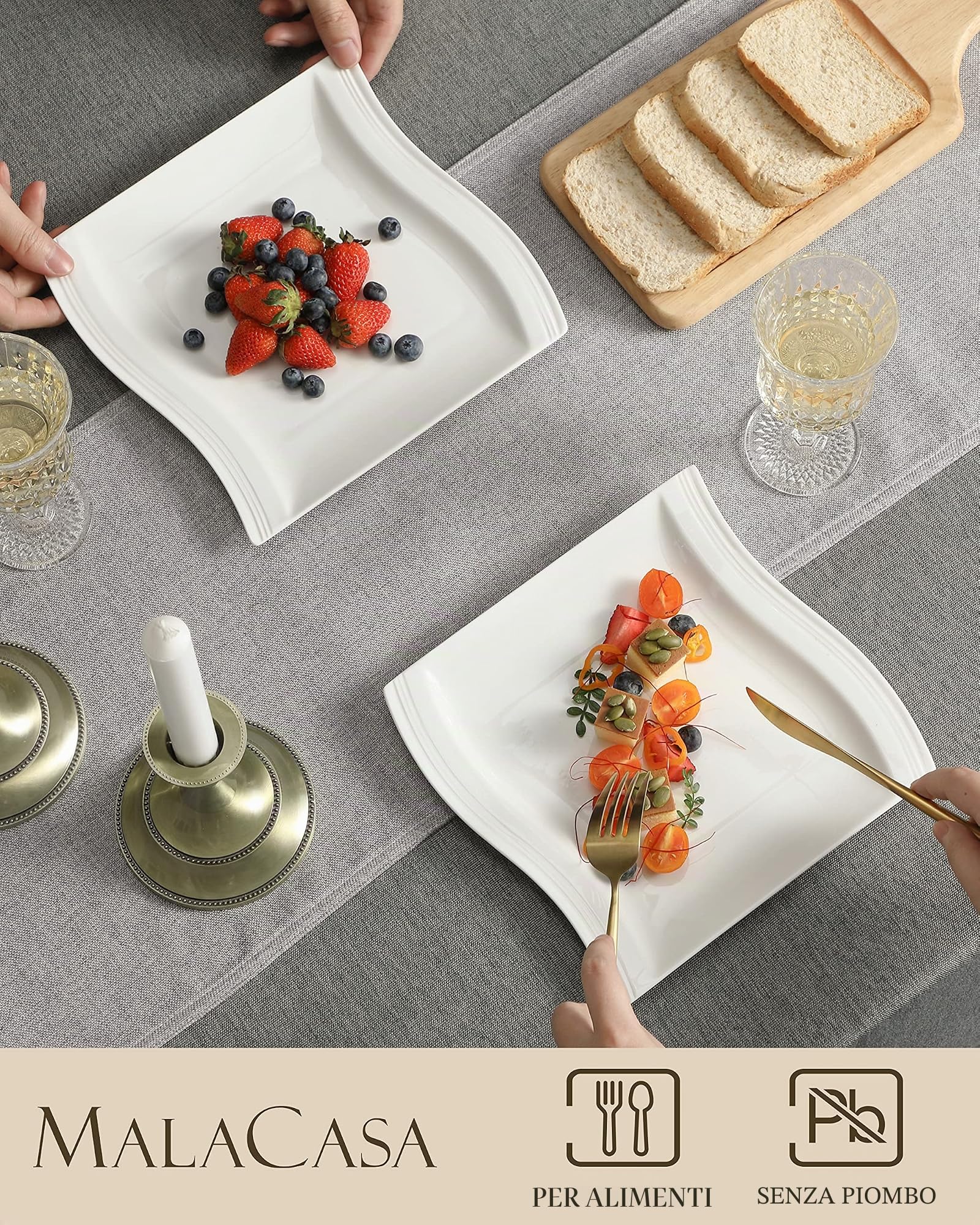 MALACASA, Serie Flora, Servizio da Piatti da Dessert in Porcellana Bianca Avorio Set con 6 Pezzi per 6 Persone