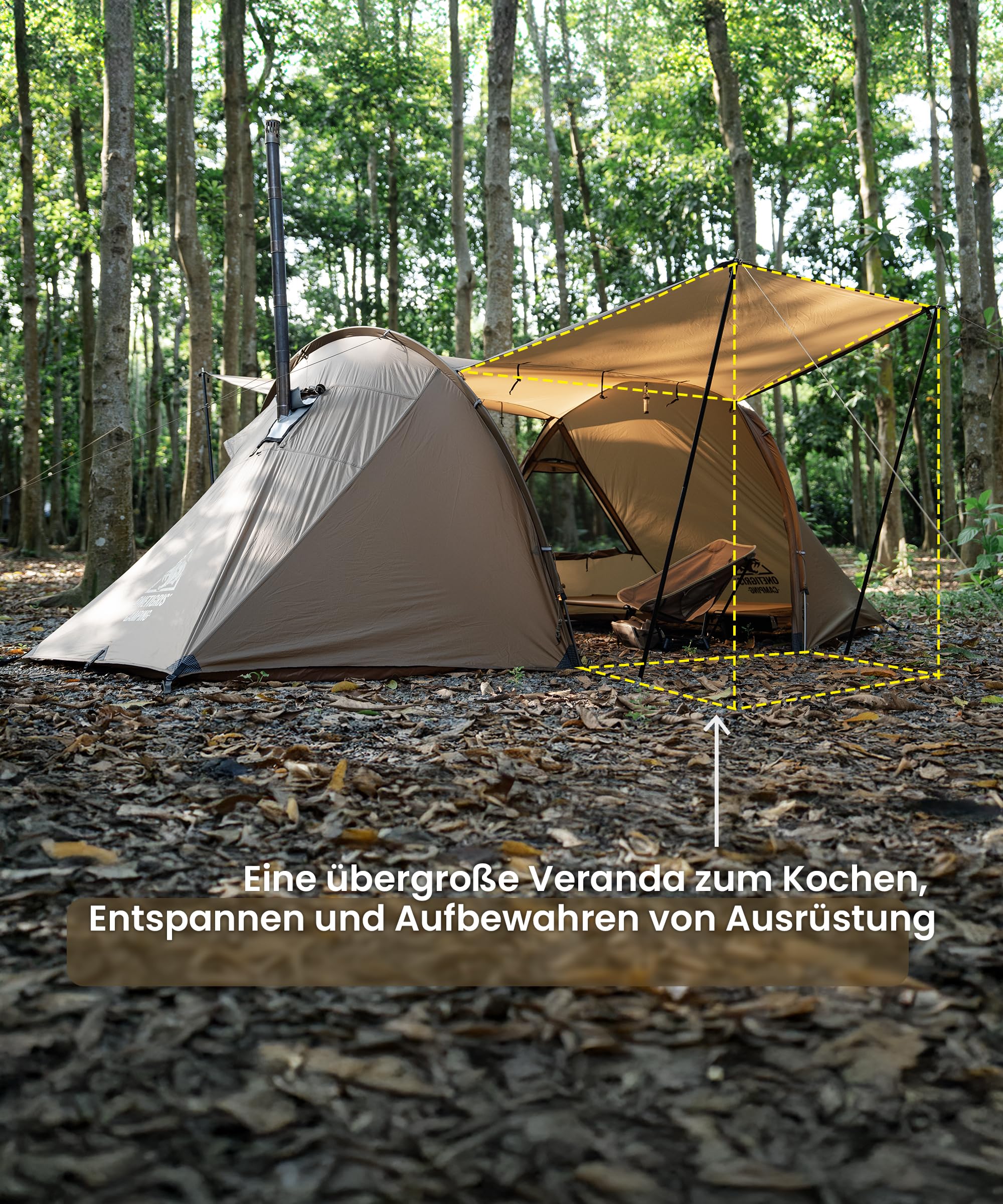 OneTigris Raven Nest Tunnelzelt 2 Personen, Winterzelt, Hot Tent, Ofenloch | Camping Zelt wasserdicht 3000 mm Wassersäule für Reisen Outdoor