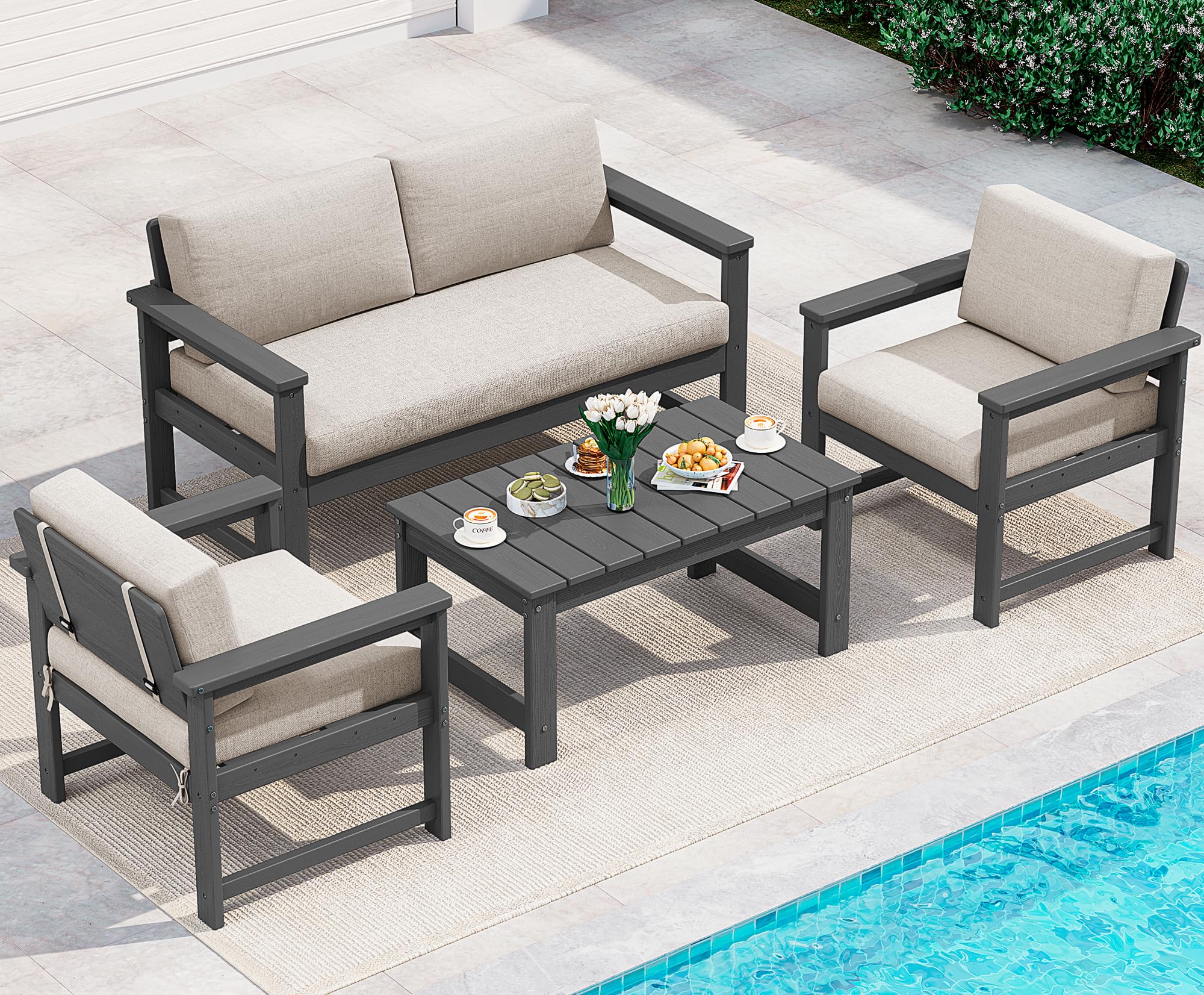 SERWALL 4 Pieces HDPE Outdoor Conversation Sofa Set with Cushions