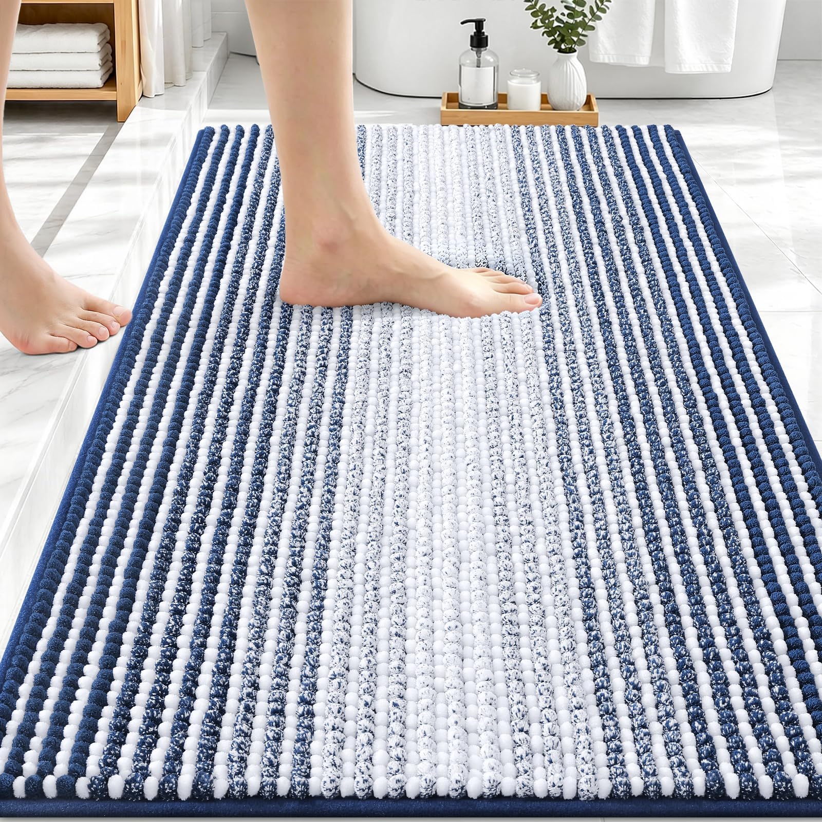 OLANLY Bathroom Rugs 34x21, Soft Chenille Striped Bath Rugs, Navy
