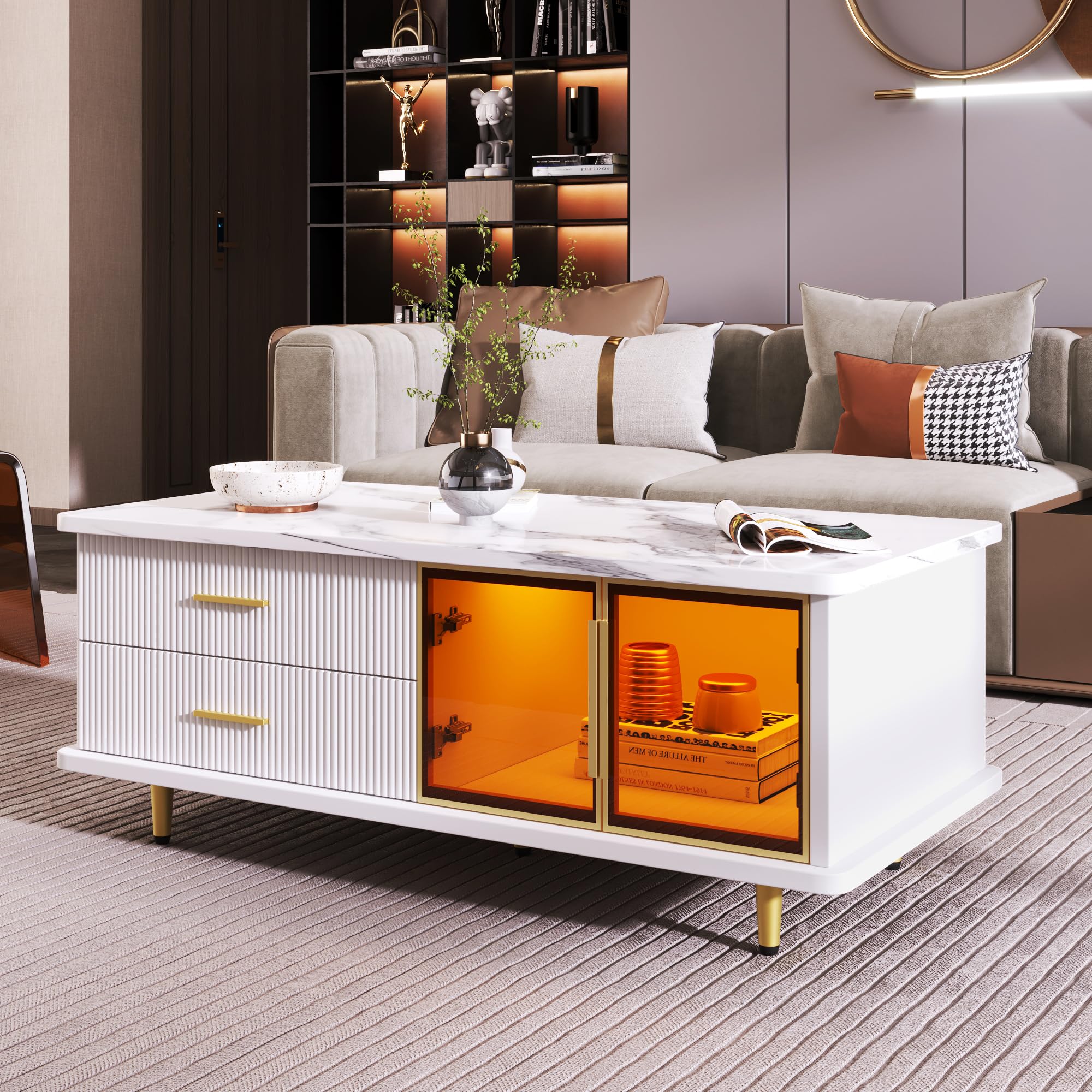 BTM Table Basse Salon avec LED, Table Basse Blanc Moderne avec 2 Portes et 2 Tiroirs, Texture Marbré et Designs Dorés, Charge 80kg, 100x50x40 cm, Blanc