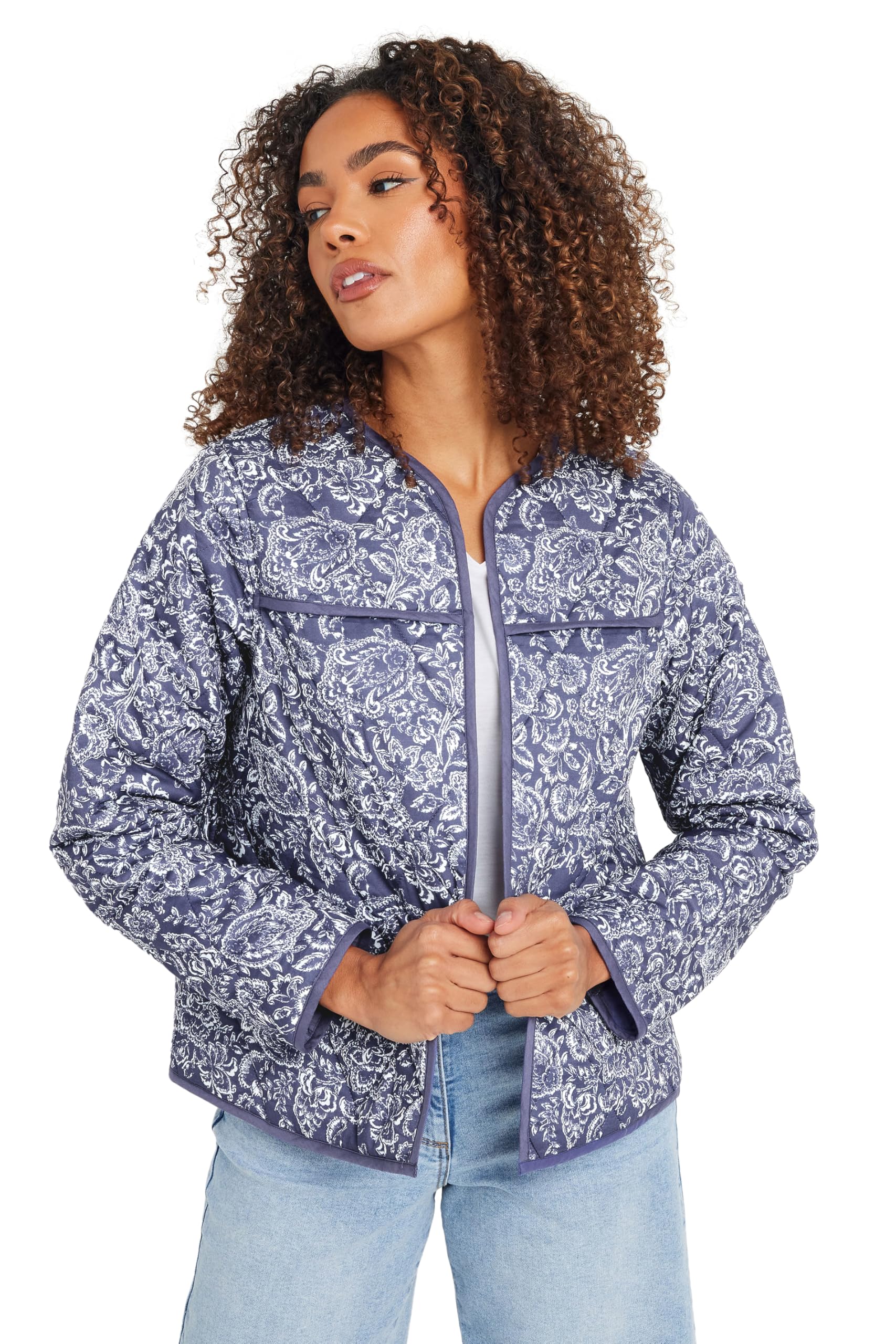 M&Co Women's Floral Print Quilted Jacket in Blue | Size: 14