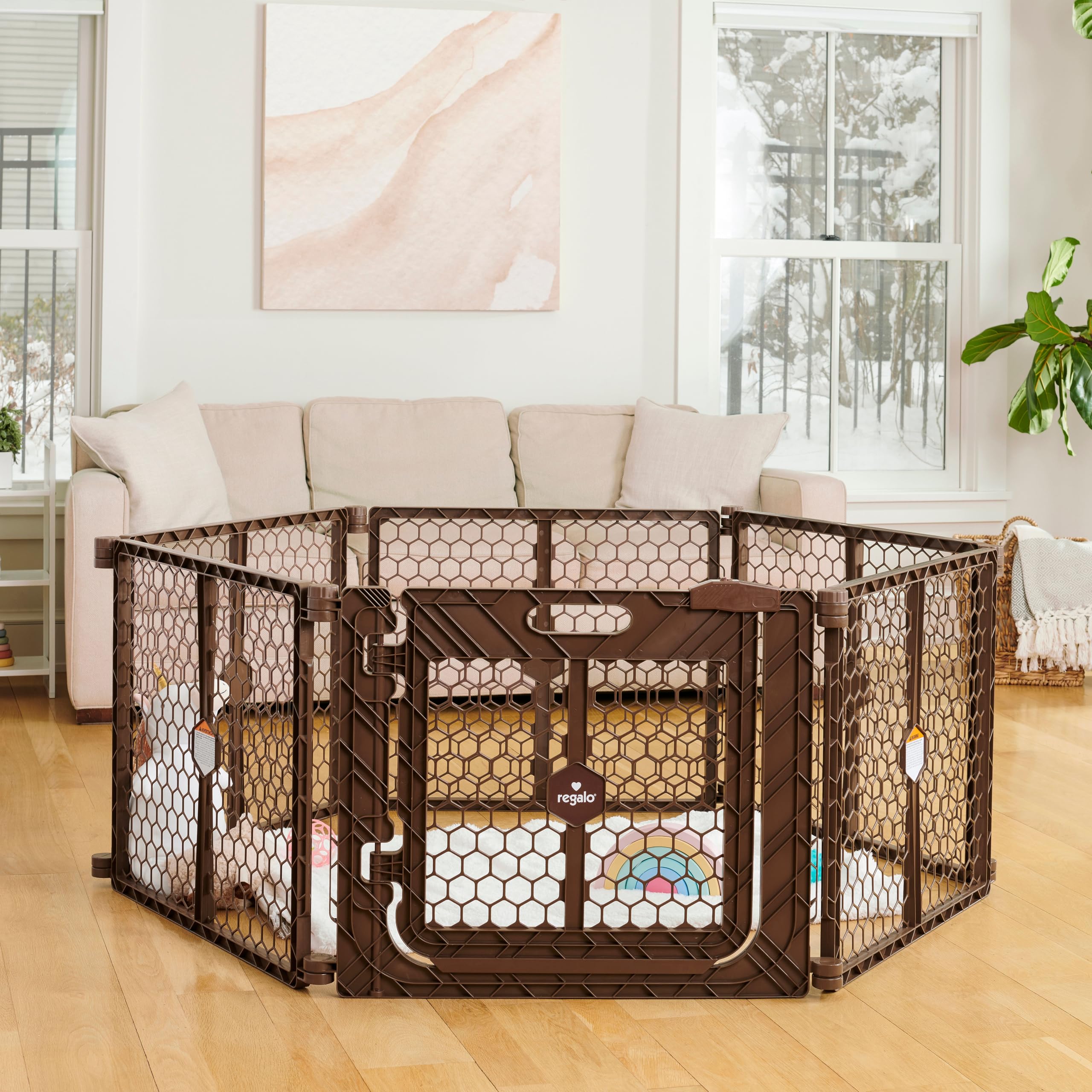 regalo safety 192'' super wide 2-in-1 baby gate & play yard with door, adjustable 6-panel plastic safety gate for doorways & large openings, hardware mounted baby & pet gate, brown