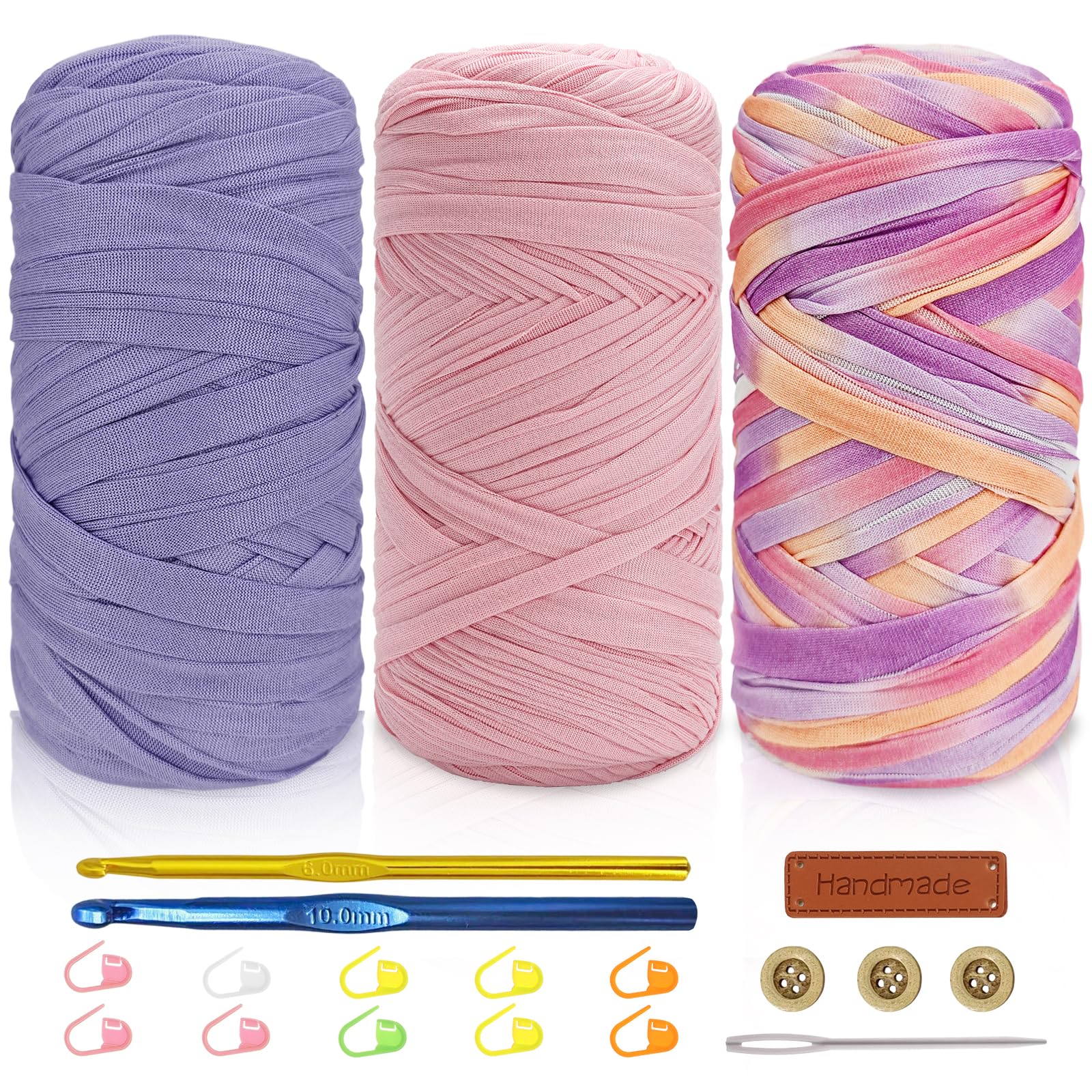 Tshirt Yarn Crochet Kit 3x200g Chunky Yarn for Crocheting with 6mm & 10mm Hooks + Accessories, Rich Color Combinations - Suitable for Beginners, Ideal for Making Bags, Home Decor（Purple-3）