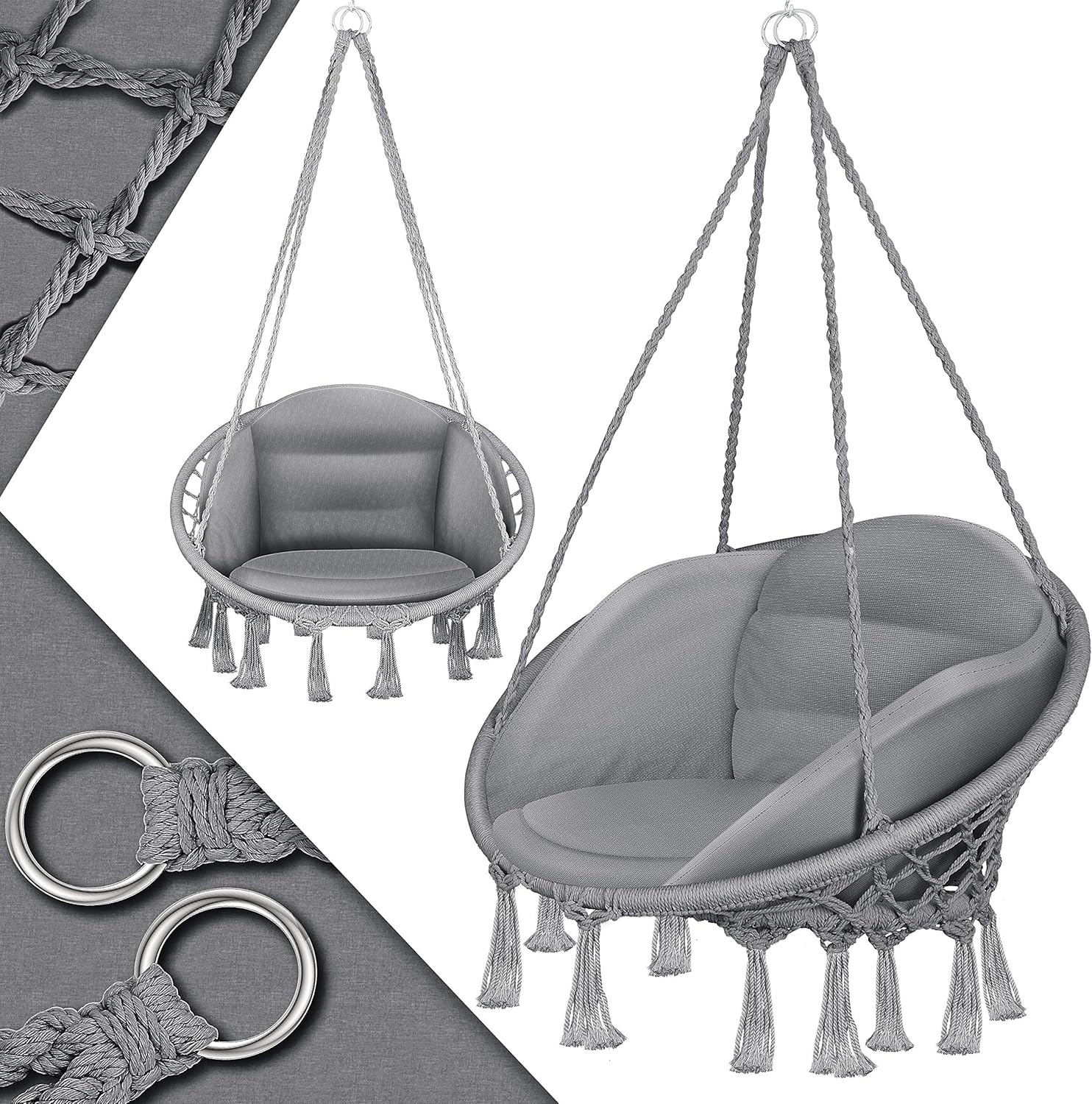 KESSER® Silla Colgante con cojín, Silla Colgante Chill para Adultos y niños, Hamaca hasta 150 kg, Asiento Colgante, suspensión Interior y Exterior, terraza, jardín, Gris