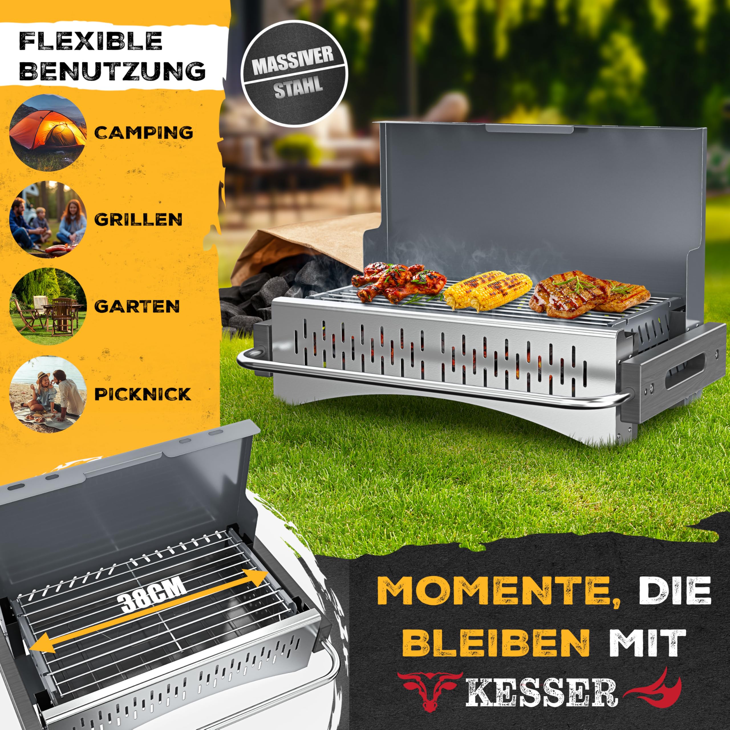 KESSER® Klappgrill tragbarer Camping Grill | Holzkohlegrill aus pulverbeschichtetem Stahl inklusive Grillrost, Grillmatte & Tragetasche | Faltbar BBQ ideal für Camping, Picknick & Angeln