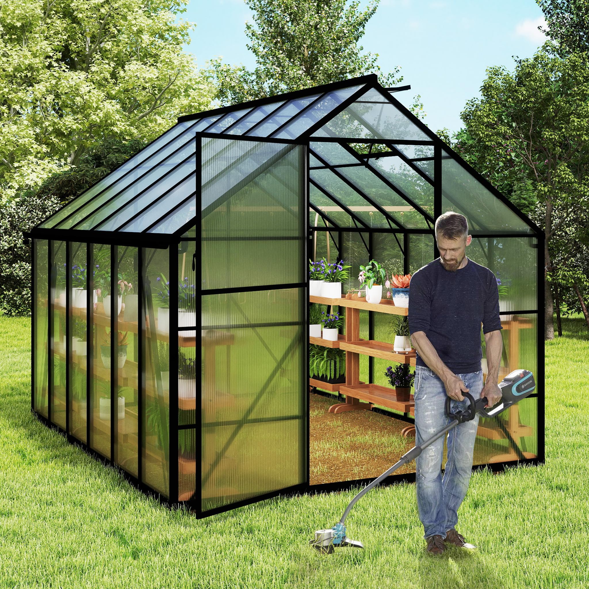 Szklarnia z fundamentem, 305 x 250 x 205 cm, szklarnia ogrodowa z aluminium z drzwiami przesuwnymi i oknami dachowymi – stabilna, odporna na warunki zimowe, odporna na działanie promieni