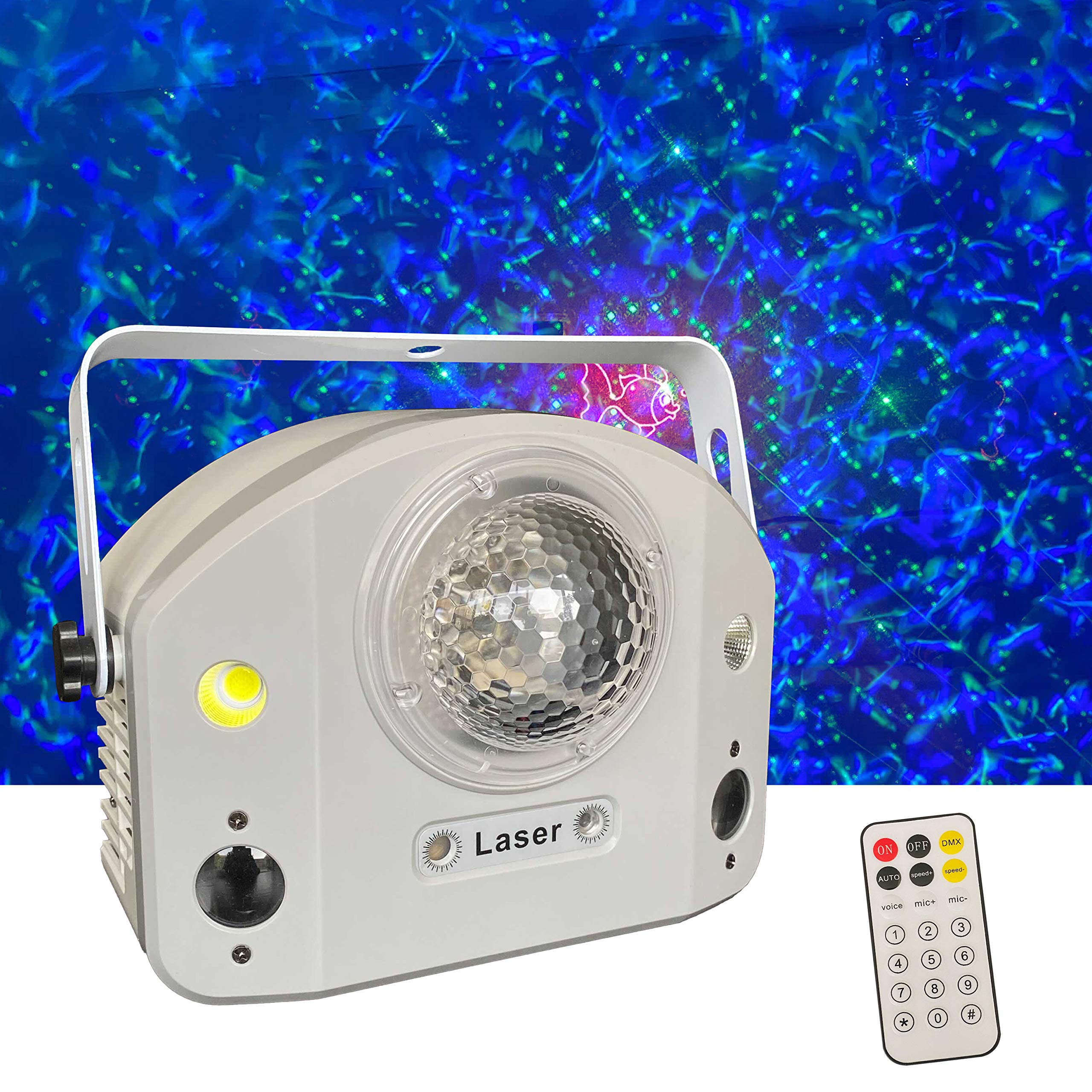 LED Studios Party Light Show with 4 effects: Water Wave + Laser + 2 Gobo Patterns + Flash Strobe, complete party from a single device, Remote, Sound to Light and DMX control