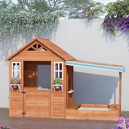 Miniatura 6 de BIRASIL Casa de juegos para niños con caja de arena, casa de juegos de madera al aire libre con hoyo de arena para patio trasero jardín de 3 a 10