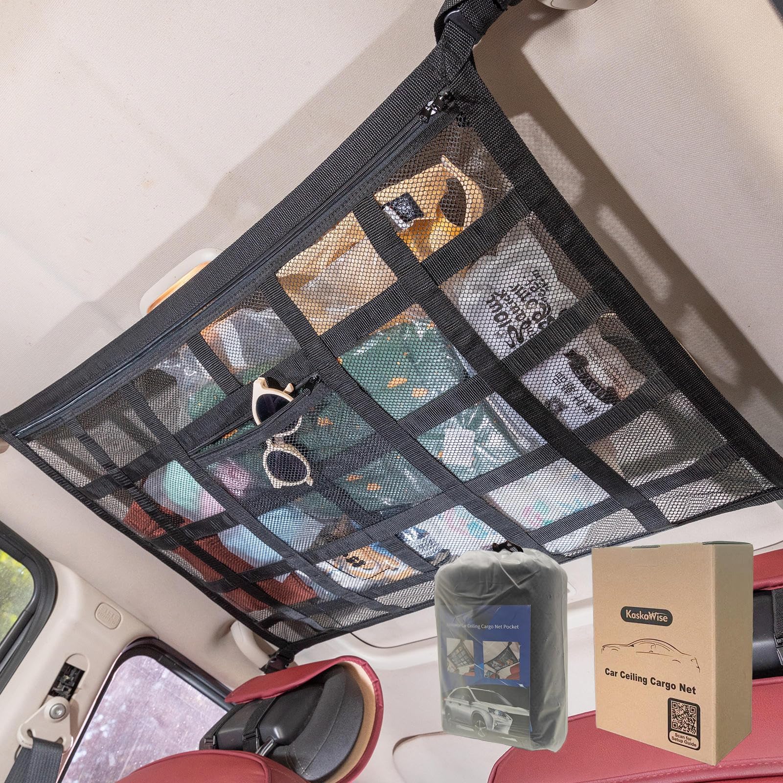 Upgrade Car Ceiling Cargo Net Pocket,31.5"x21.6" Strengthen Load-Bearing and Droop Less Double-Layer Mesh Car Roof Storage Organizer,Truck SUV Travel Long Road Trip Camping Interior Accessories