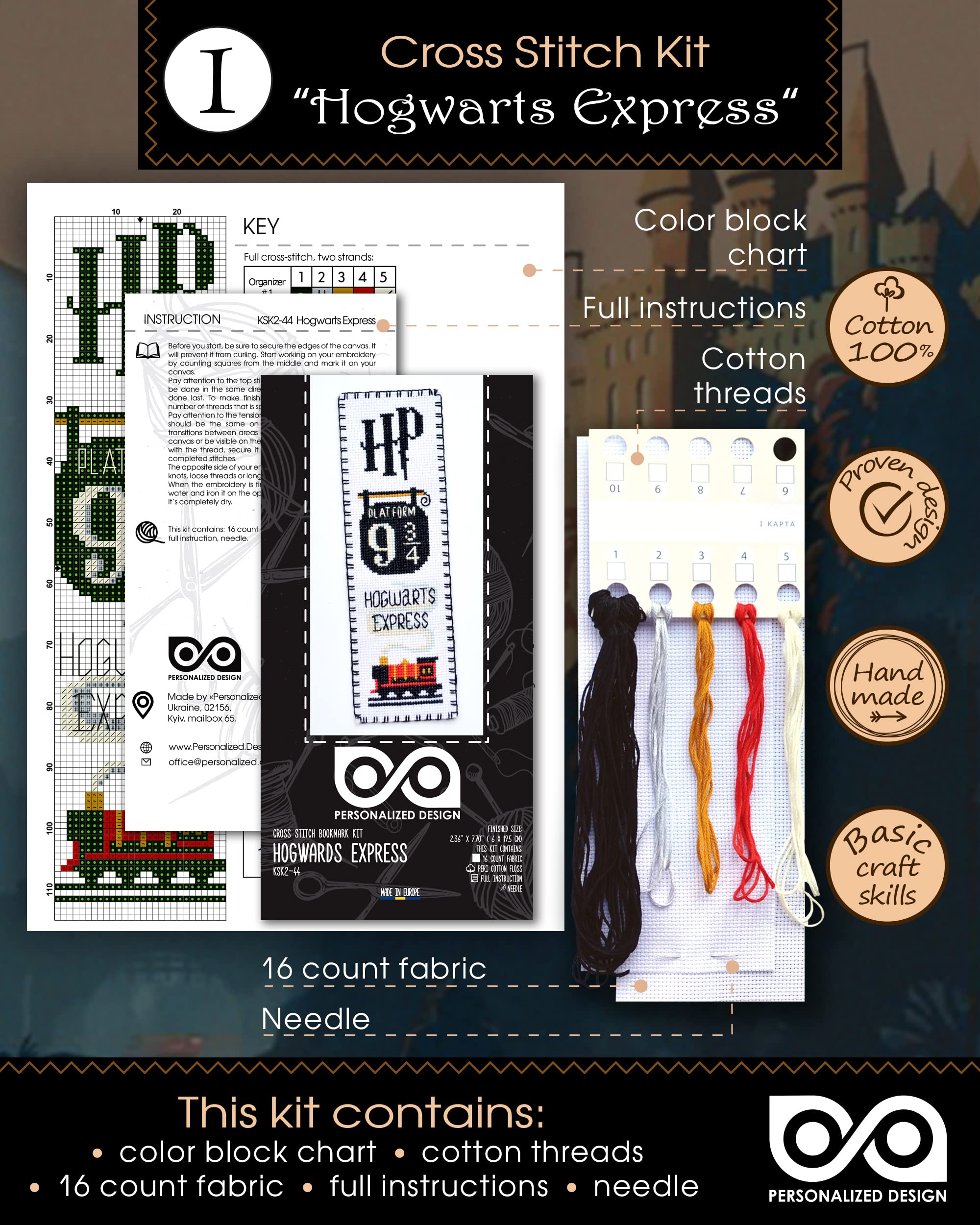 Personalized.Design Kit punto croce contato Magic World of Wizards – Segnalibri 7 in 1 fai da te ricamati a mano