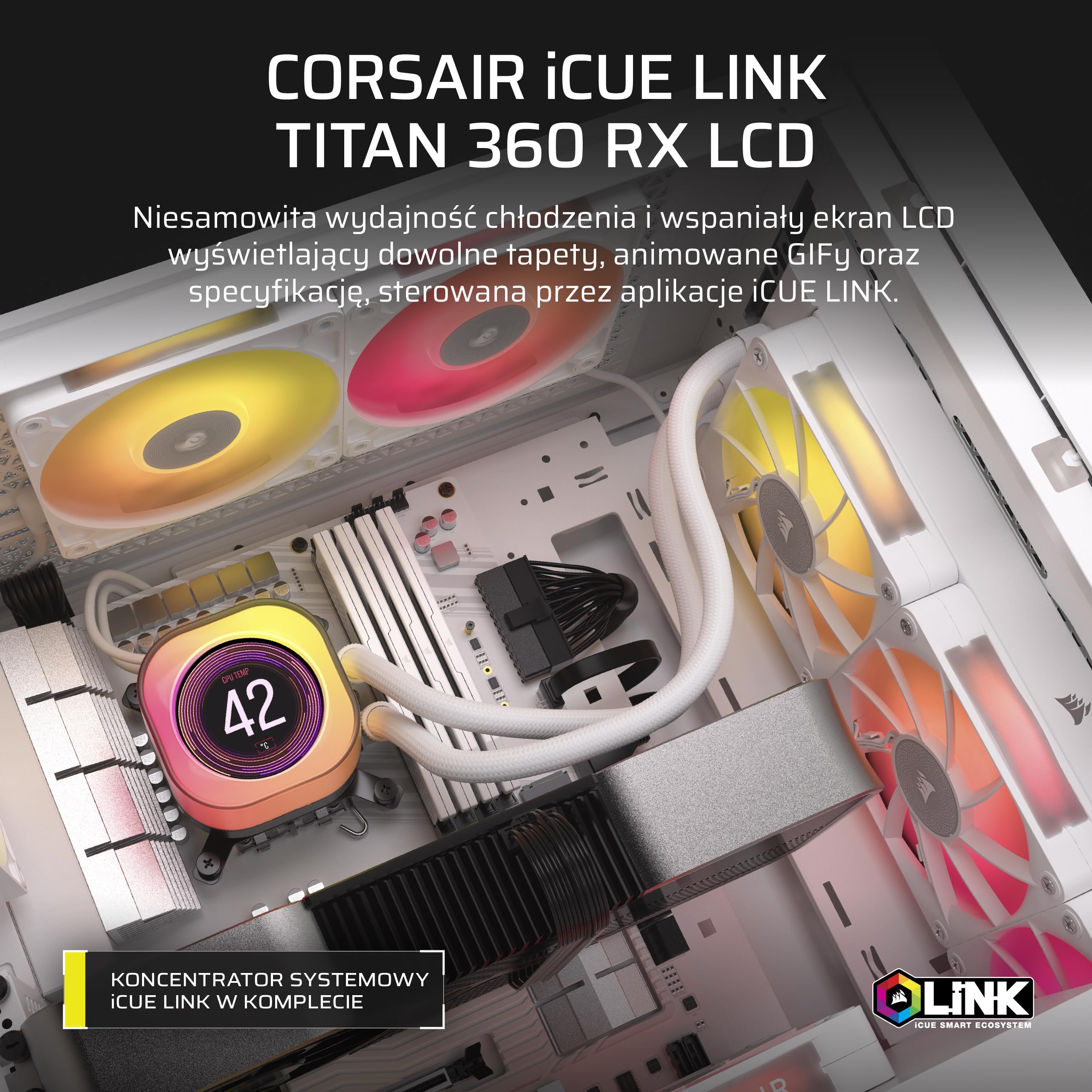 CORSAIR iCUE LINK TITAN 360 RX LCD Układ Chłodzenia Procesora Cieczą – 360mm AIO – Intel LGA 1851/1700, AMD AM5/AM4 – 3x RX120 RGB Wentylatory – Koncentrator Systemowy iCUE LINK w Komplecie – Biały