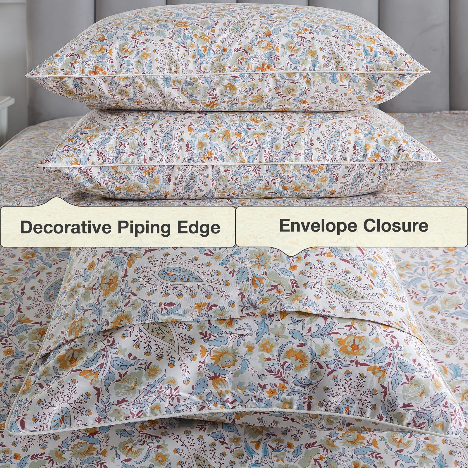 Lenzuola in percalle con motivo cachemire vintage, per letto California King, beige chiaro, shabby chic, floreale, 100% cotone, con tasca profonda, set di biancheria da letto di lusso, motivo