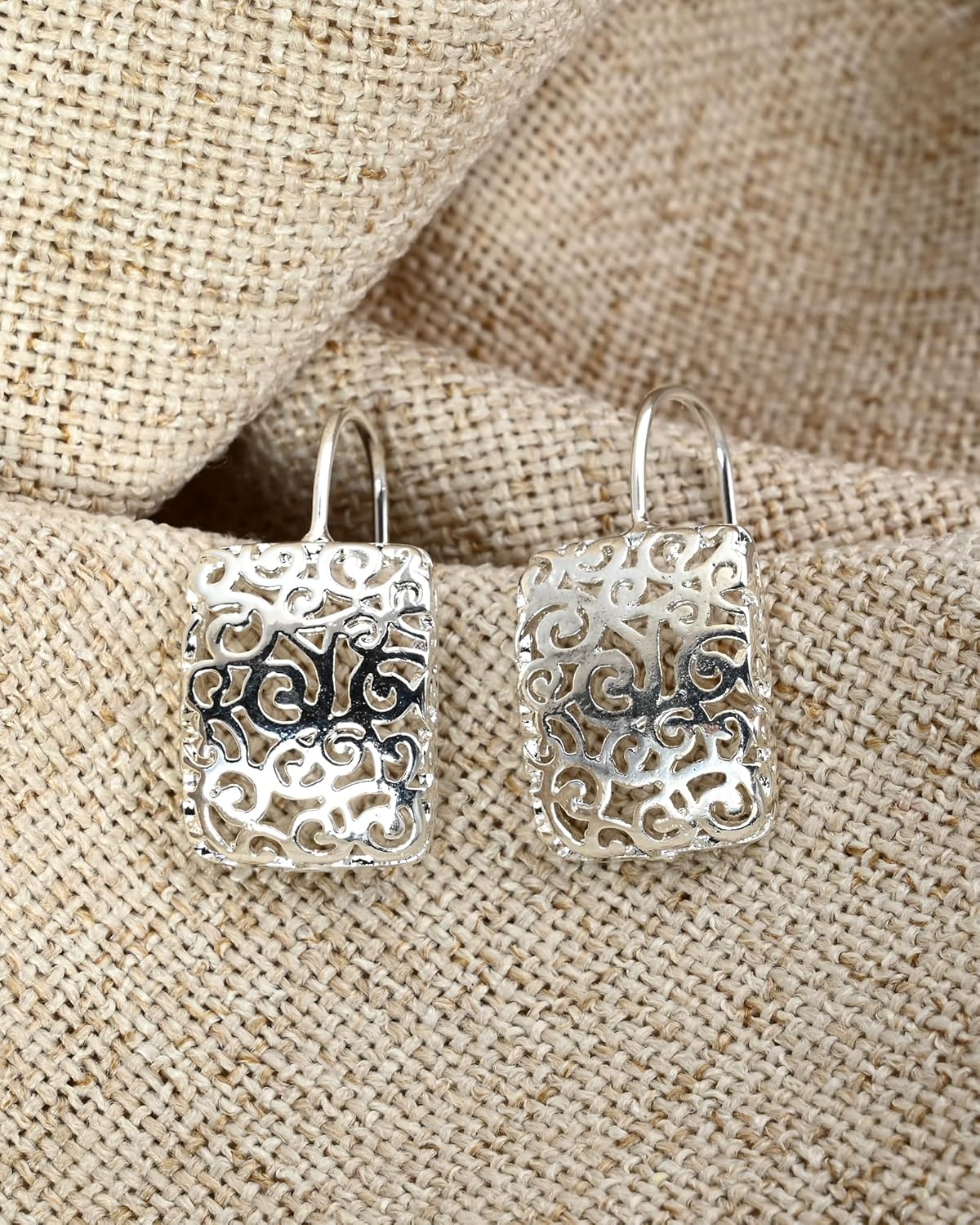 Square Filigree Earrings Silver Dangle Earrings for Women Hypoallergenic Boho Minimalist Long Hook Threader Style - Image 6