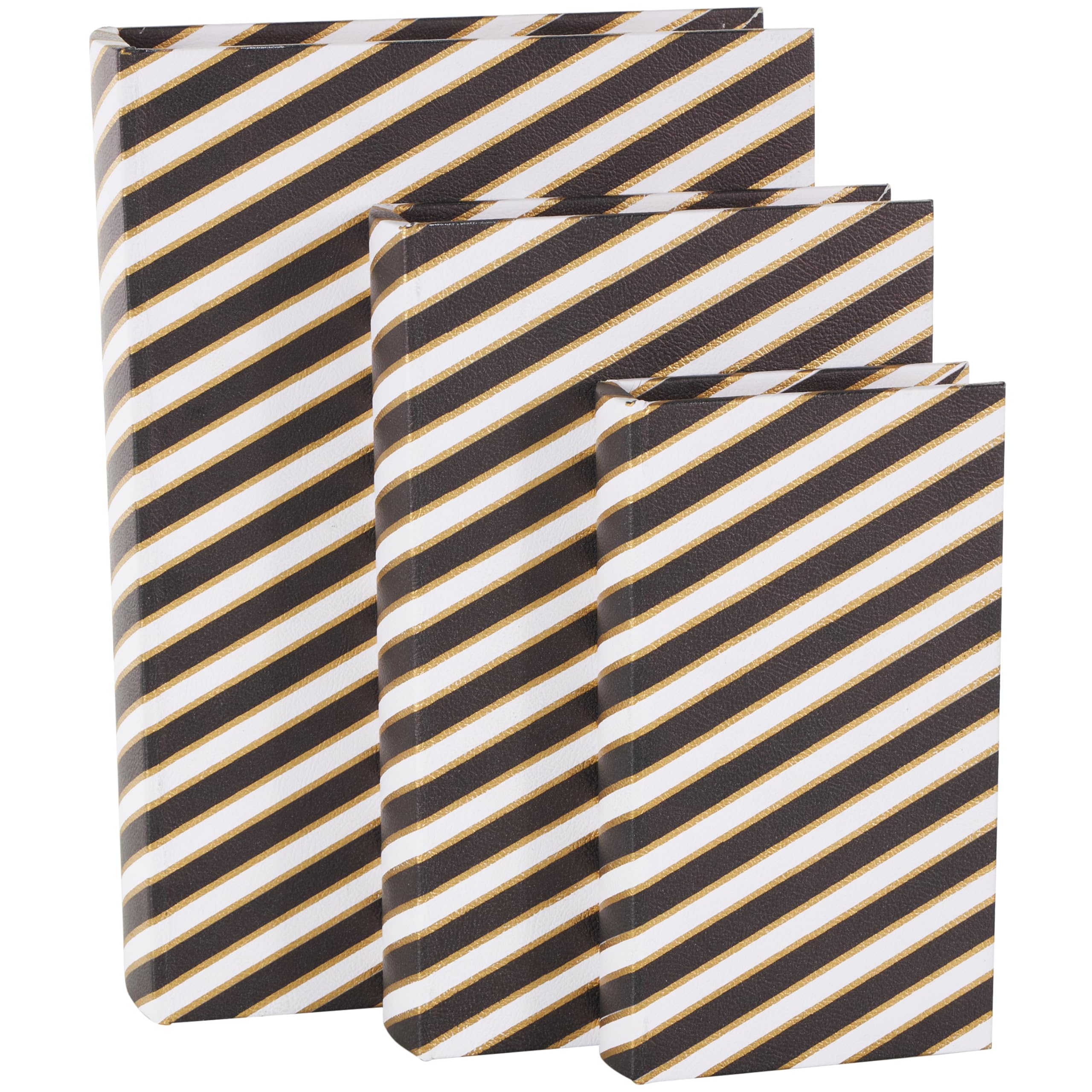 Deco 79Faux Leather Decorative Box Faux Book Storage Book Shaped Boxes with White and Gold Stripes, Set of 3 Decorative Keepsake Boxes 13", 11", 9" H, Black