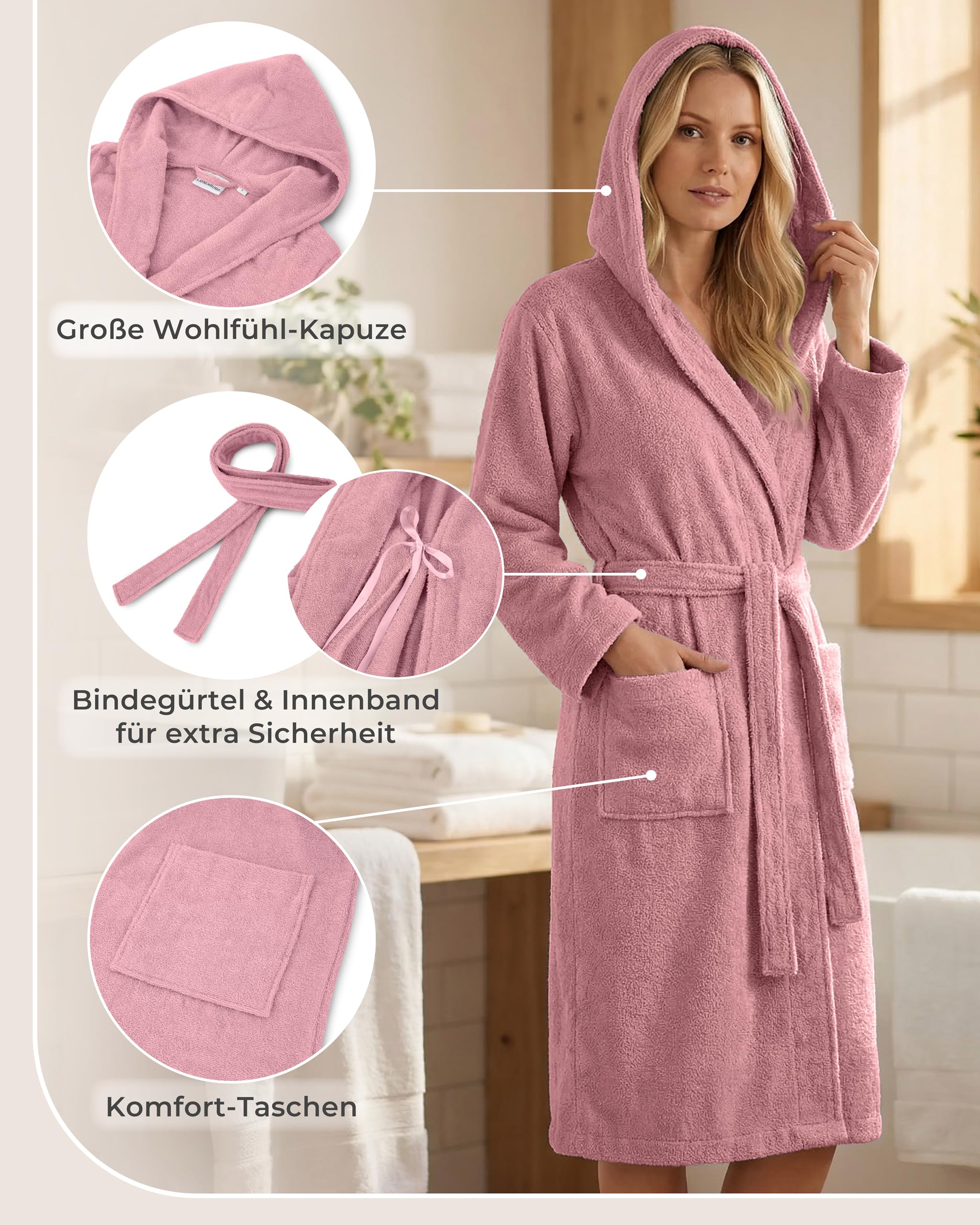 LAYNENBURG Bademantel Damen Frottee aus 100% Baumwolle – OEKO TEX Standard – weicher Morgenmantel langmit Kapuze, Bindegürtel und aufgesetzten Taschen – ideal für Sauna & Zuhause (S-XXXL)