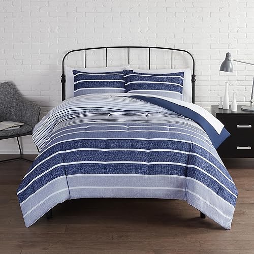 Serta Simply Clean Conrad - Juego de edredón suave y moderno con textura a rayas de 3 piezas con funda de almohada para todas las estaciones,