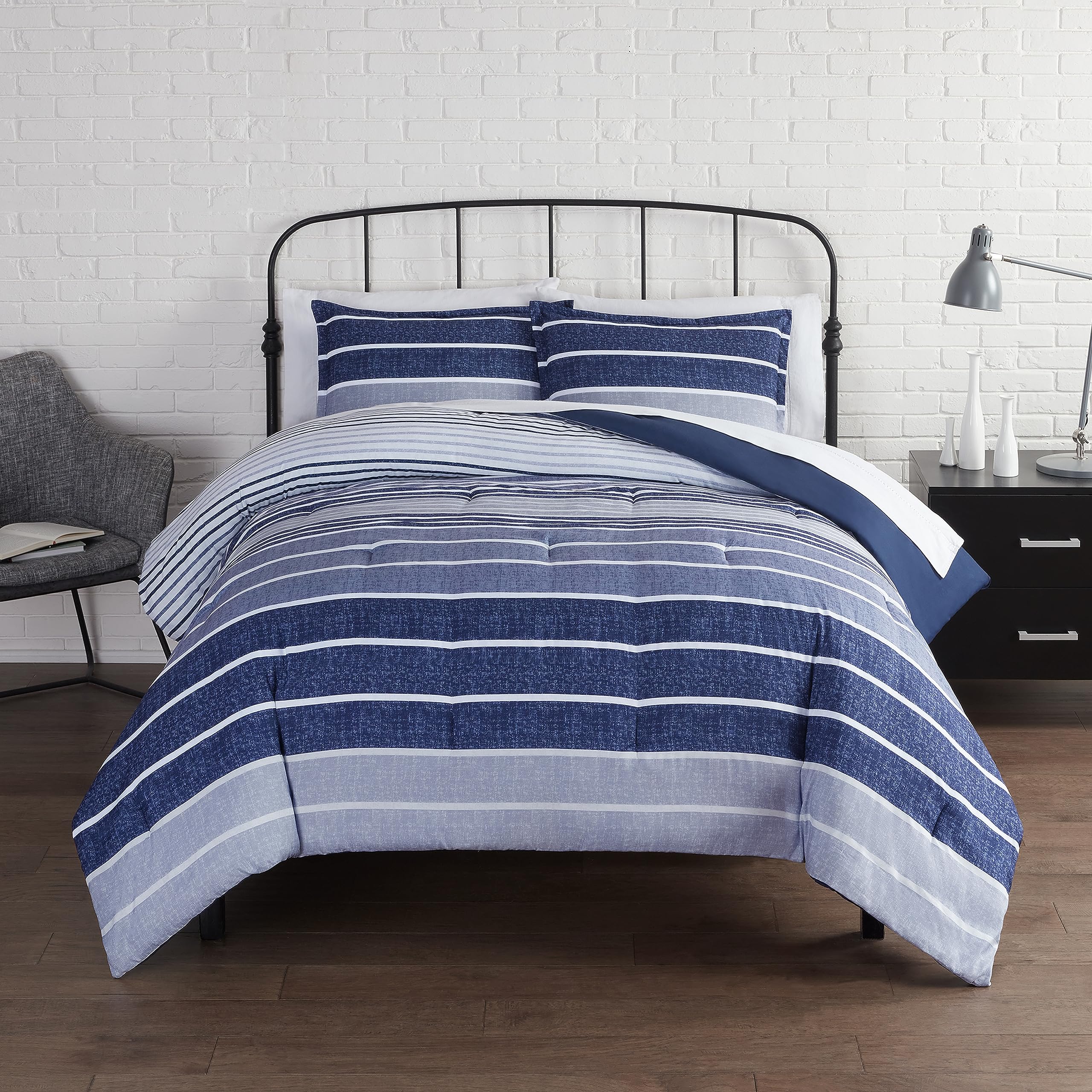 Serta Simply Clean Conrad Soft Modern Textured 2 Piece Striped Comforter Set with Pillow Case for All Season, Twin/Twin XL, Blue
