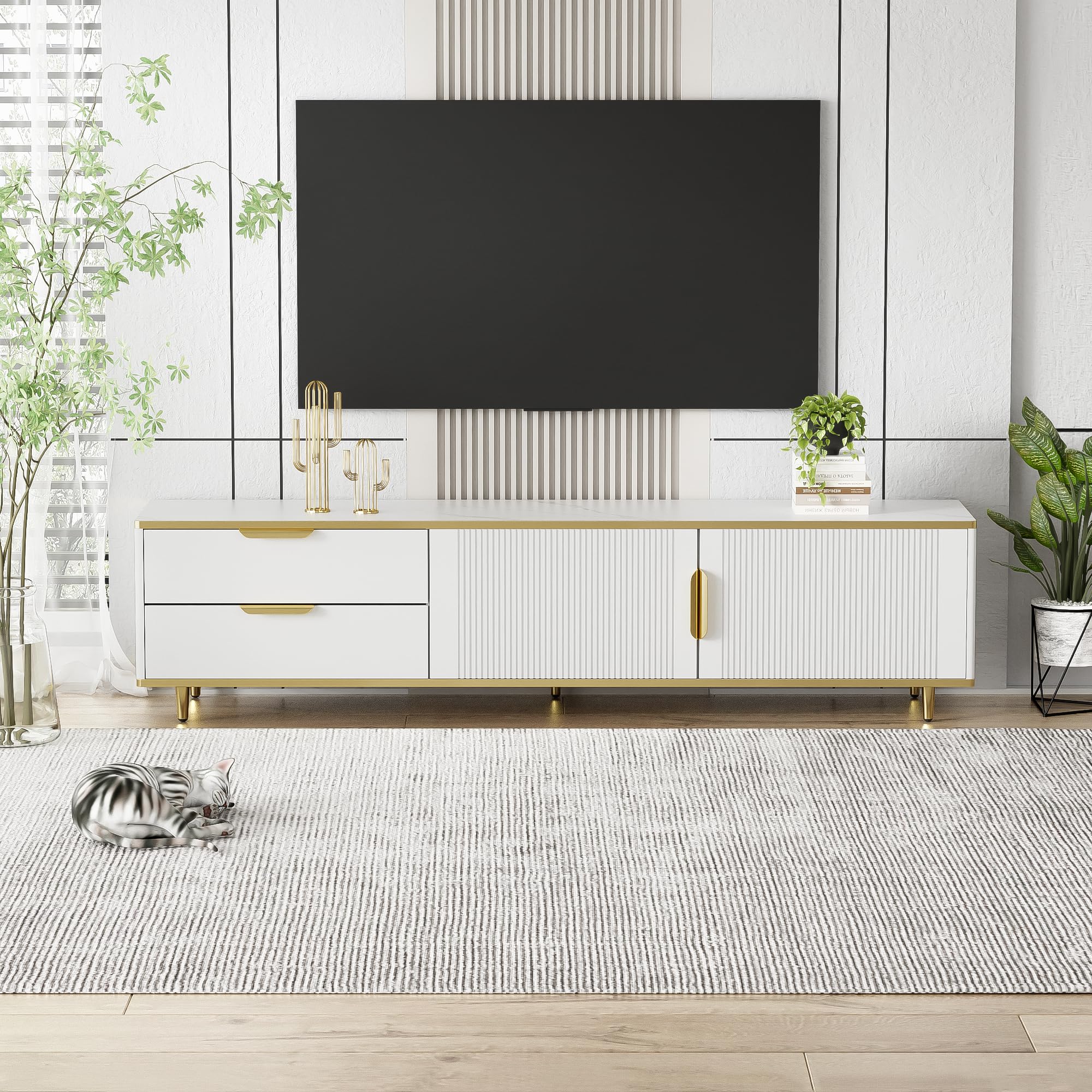Meuble TV Bas RAVAS 108 Cm - Avec Bande LED RGB - 4 Tiroirs - Pour TV Jusqu’à 65" - Pieds Réglables - Salon/chambre