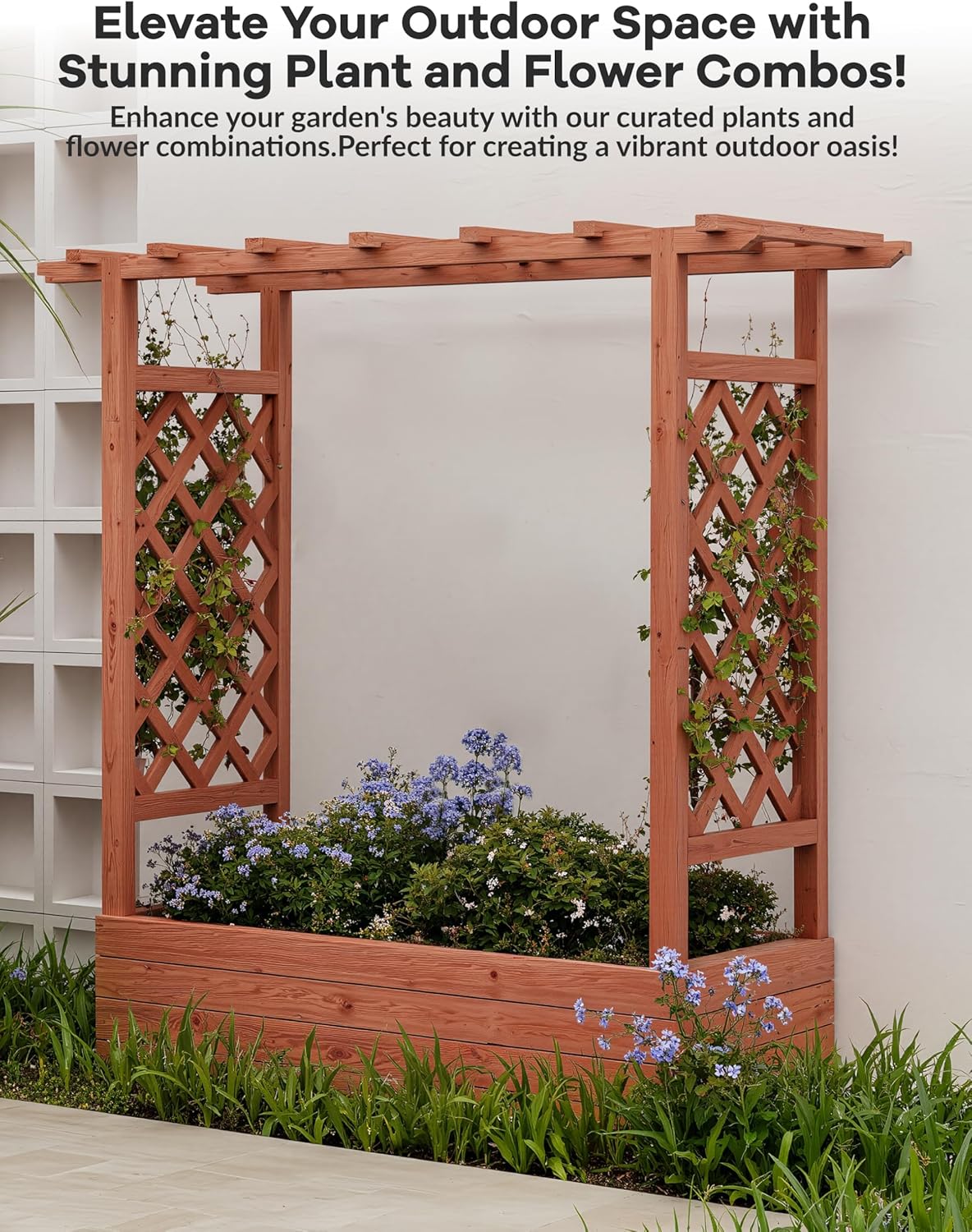 GarveeHome Elevated Wooden Garden Bed with Trellis - 45 in Planter Box with Side Supports, Canopy, and Drainage Holes – Perfect for Climbing Plants, Vines, and Blossoms