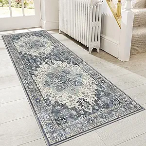 GENIMO 2x6 Runner Rugs for Hallway, Machine Washable Non Slip Vintage Rugs, Low Pile Lightweight Soft Print Rug for enrtyway, Corridor, Home Office, Kitchen, Center Blue