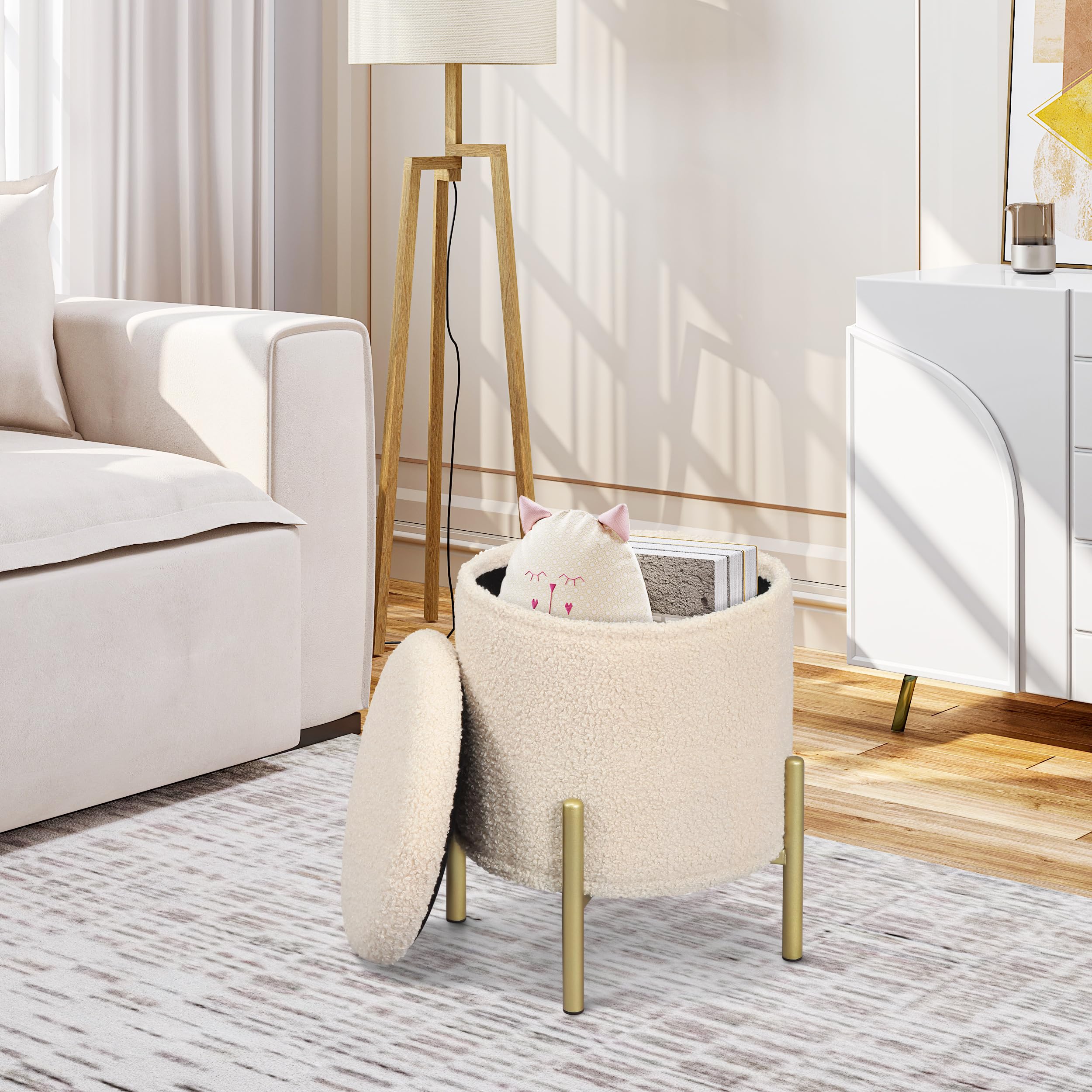 eSituro Taburete Almacenaje Redondo, 18L Baul Almacenaje Plegable con Asiento Tapizado en Felpa, Taburete Bajo con Almacenamieto, Reposapiés de Sofá y Cama, Patas de Metal, φ35x H41 cm, Beige