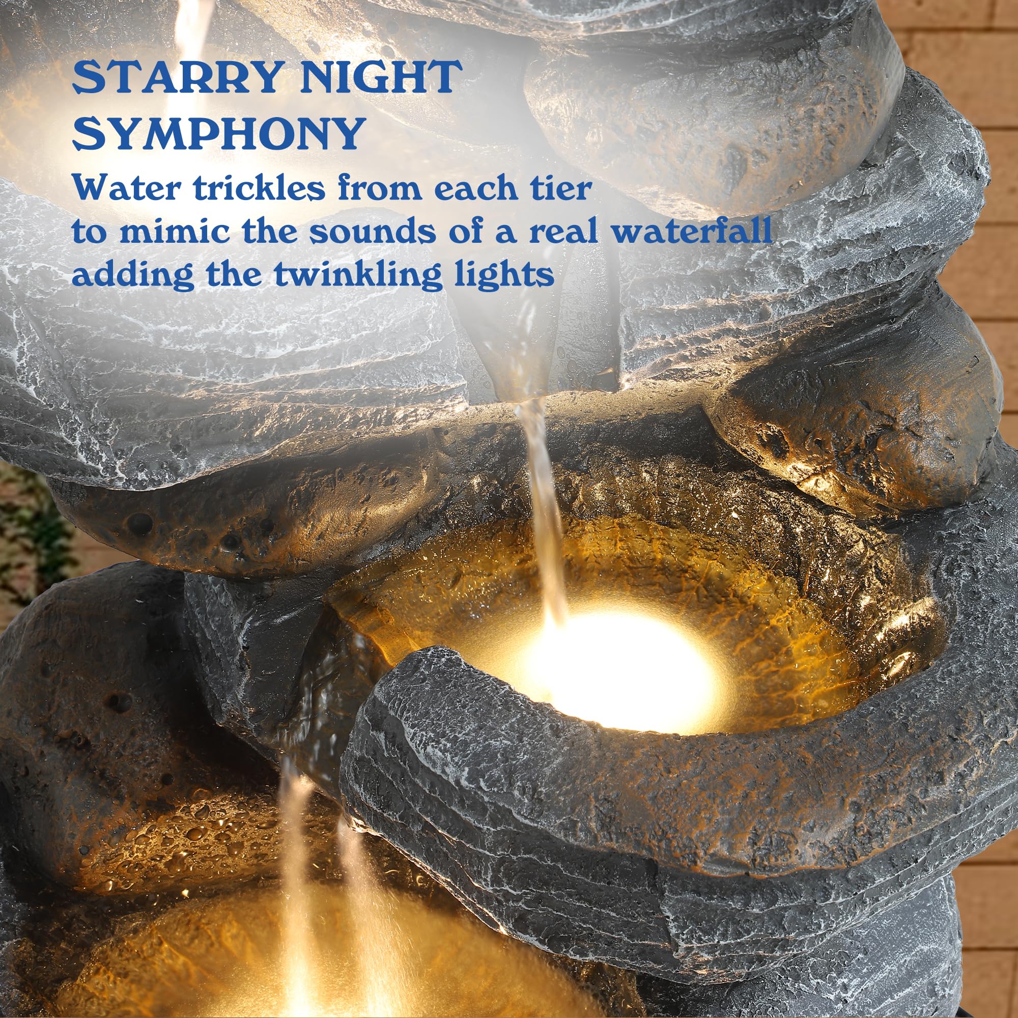 Dephet 5-Tiers Cascading Rock Water Fountain Outdoor - Waterfalls Fountains with LED Lights, Outdoor/Indoor Resin Water Feature Fountain for Patio, Garden, Backyard, Deck, Porch, Home Art Docor