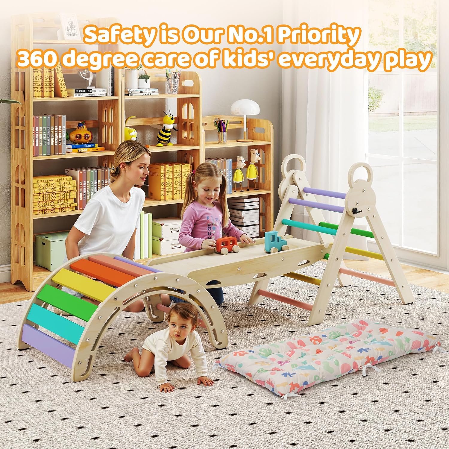 Pikler Triangle Set with Cushion, 7-in-1 Foldable Toddler Climbing Toys, Indoor Playground for Kids, Montessori Climbing Set Gift, Wooden Baby Jungle Gym, for Toddlers 1-3 (Rainbow)