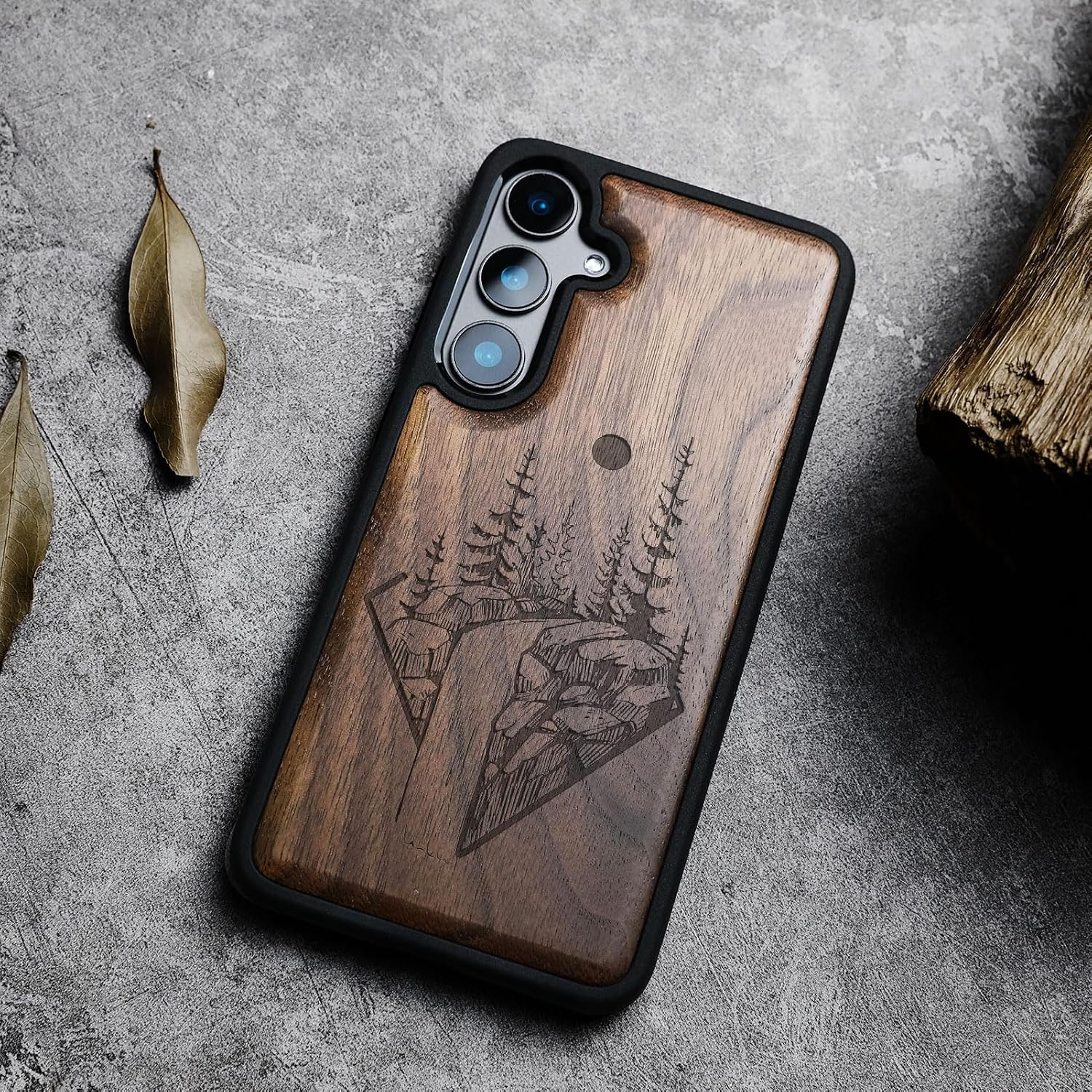 Carveit Wood Case for Galaxy S24 Case [Natural Wood & Black Soft TPU] Shockproof Protective Cover Unique Wooden Design Compatible with Samsung S24 (Forest and Waterfall-Walnut)