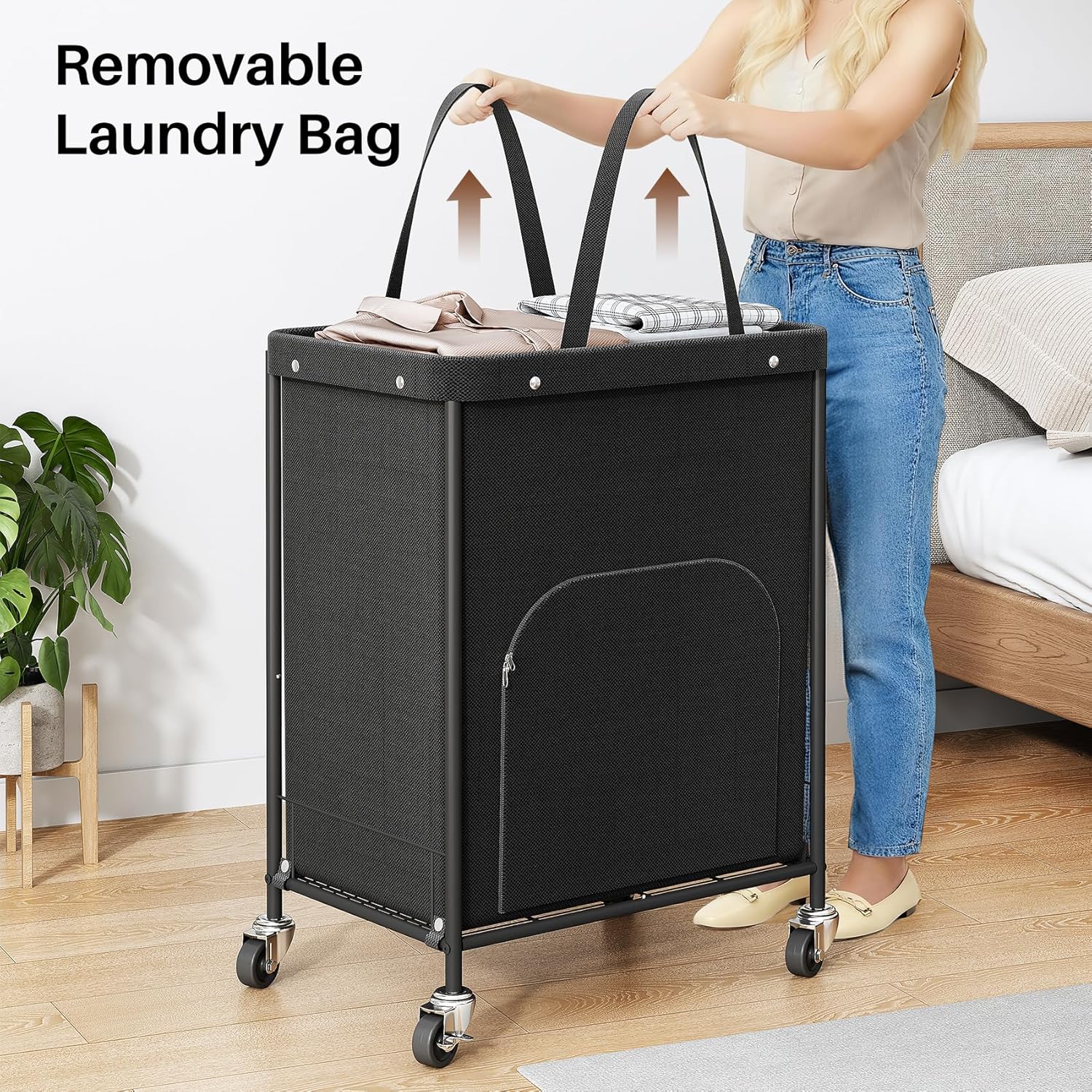 170L Large Laundry Basket with Wheels, Rolling Laundry Hamper Easy Access Clothing Minimizes Bending, Laundry Cart with 4 Silent Casters & Removable Bag for Bedroom, Bathroom, Laundry Room