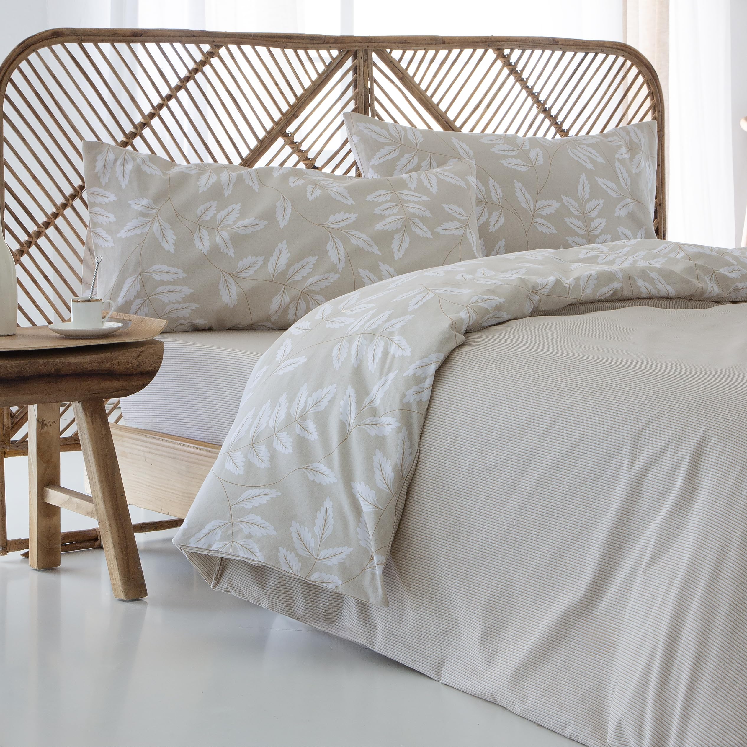 COTTON ARTean Funda nordica Cama 90 ALGODÓN ORGANICO BATAN Beige | Incluye 3 piezas: F. Edredón 150x220 + 1 F. de Almohada+ sábana bajera ajustable Cierre Botones. Certificado OEKO-TEX y GOTS