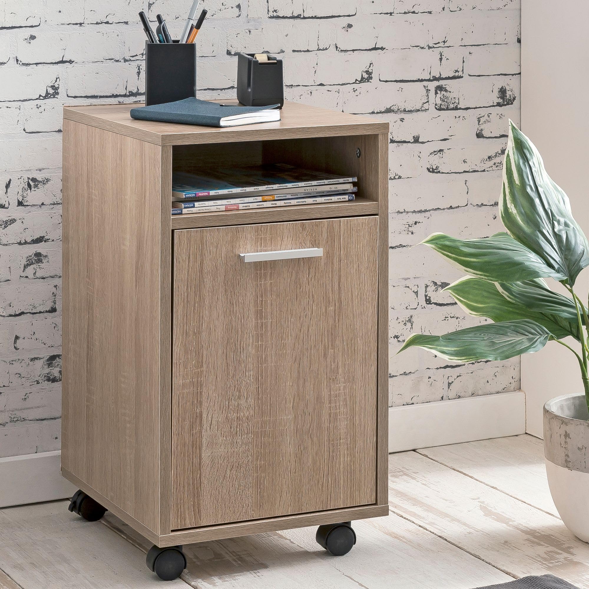FineBuy Caisson de Bureau 33x60x38 cm Placard de Rangement Mobile Sonoma | Armoire de Rangement Petite avec Porte | Meuble de Bureau a Roulette