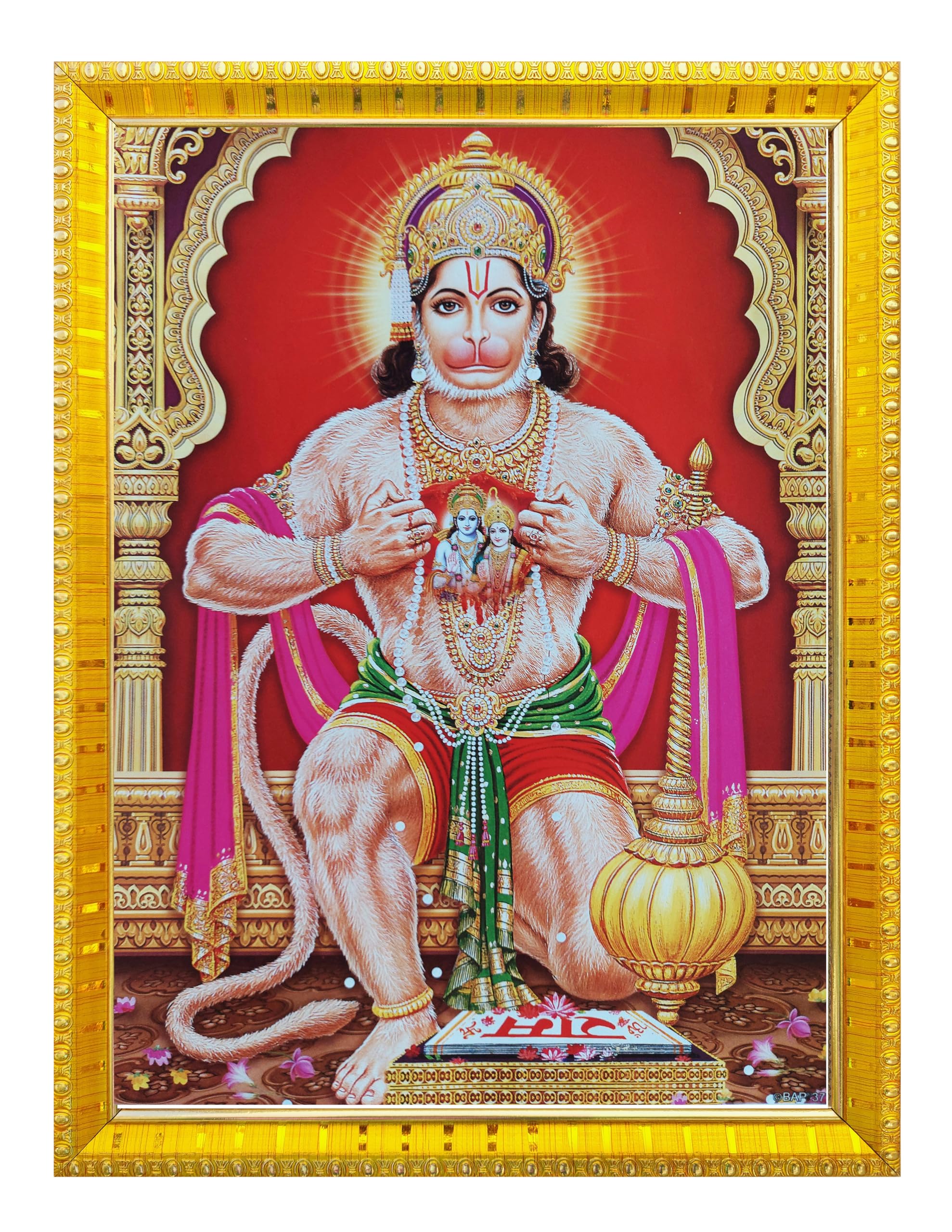 SE HanumanJi/Bajrangbali Ji With Shri Ram Sita in Haret Photo Frame with Laminated Poster for puja room temple Worship/wall hanging/gift/home decor (30 x 23 cm)……