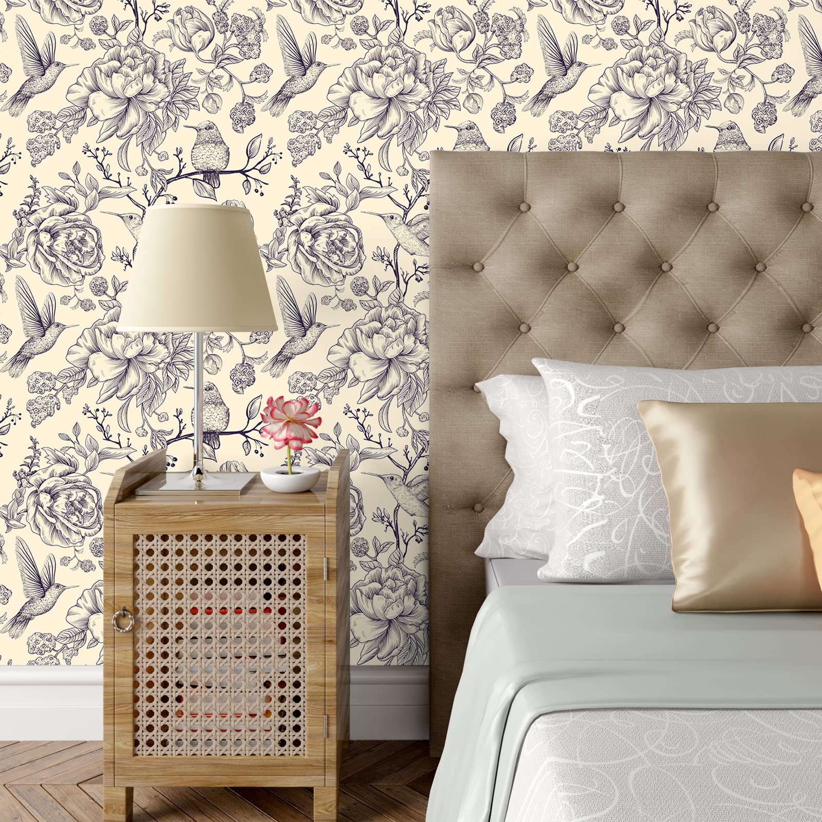 VEELIKE Papel Pintado Flores y Pajaros 44.5cm×900cm Papel Autoadhesivo Pared Flores Beige Hoja Tropical Fotomurales Decorativos Pared Dormitorio Salon Papel de Pared Baño Papel Forrar Mueble Encimera