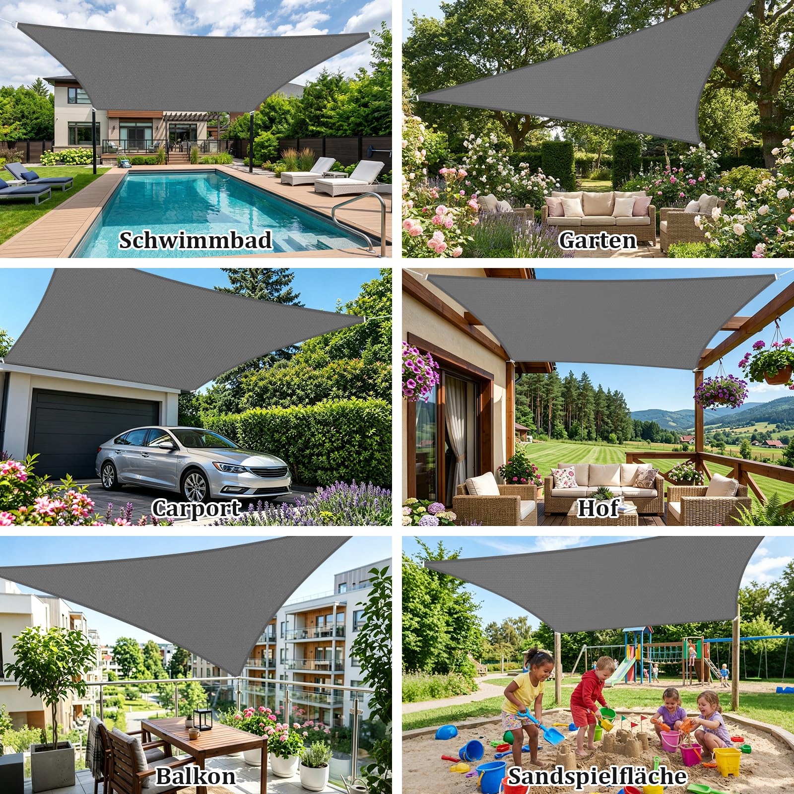 Shade&Beyond Sonnensegel Wasserdicht 5.5x5.5m Rechteckig Maßgefertigtes PES Segeltuch Sonnenschutz mit Seilen fur Balkon, Garten,Terrassenüberdachung, Grau Anthrazit