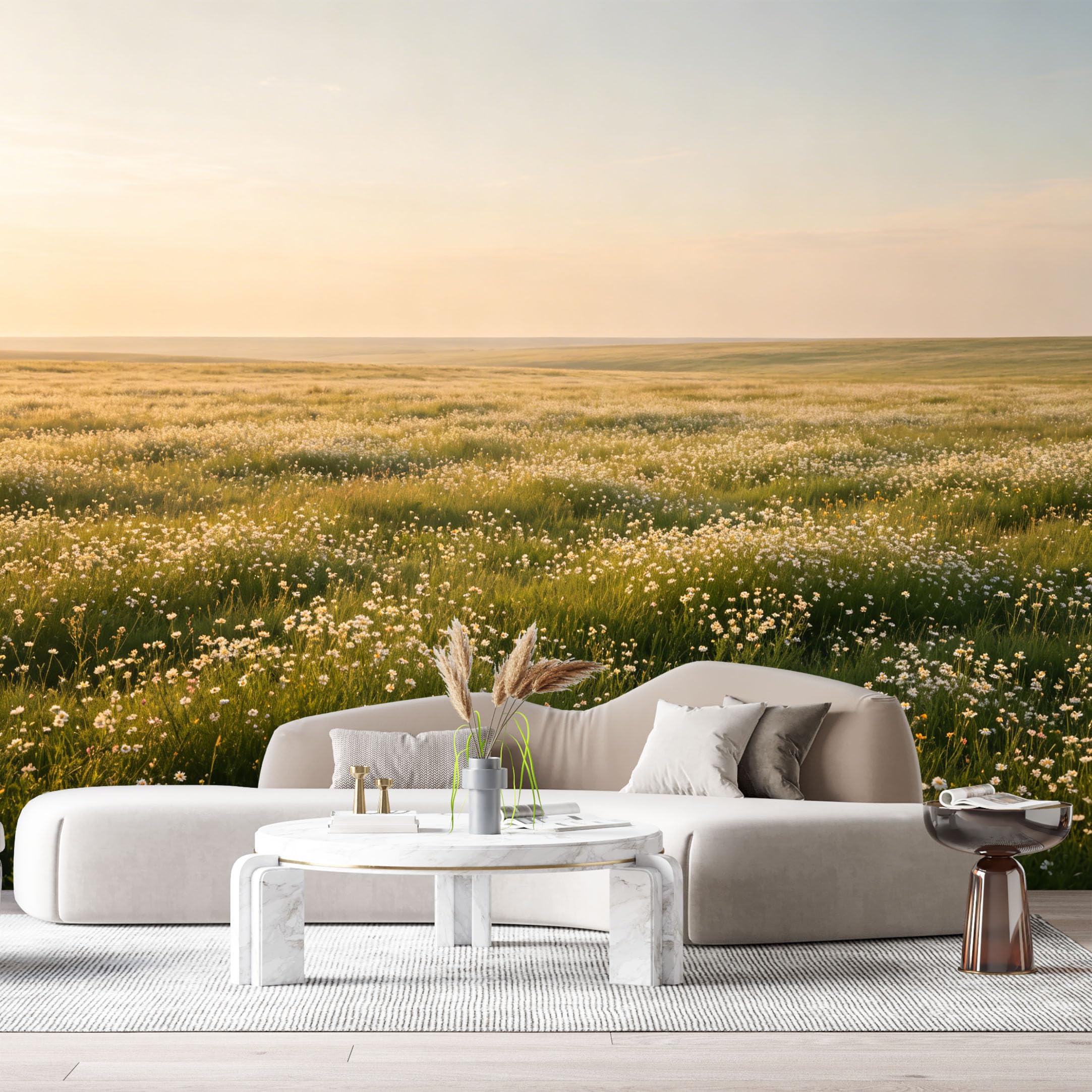 Custom Size Wall Murals Wildflower Meadow Landscape Sunrise Field Botanical Nature Scene SelfAdhesive Wall Fabric Removable Large Wallpaper for Photo Living Room