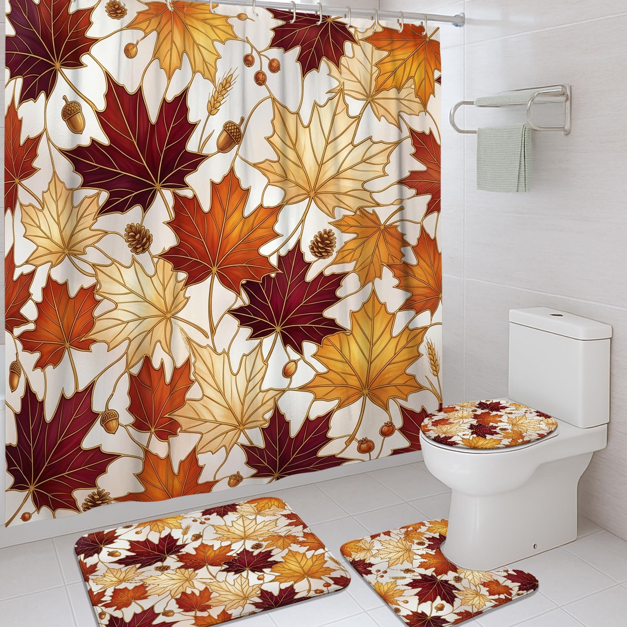 Rideau de douche automne rouge et tapis de bain 183x183 cm