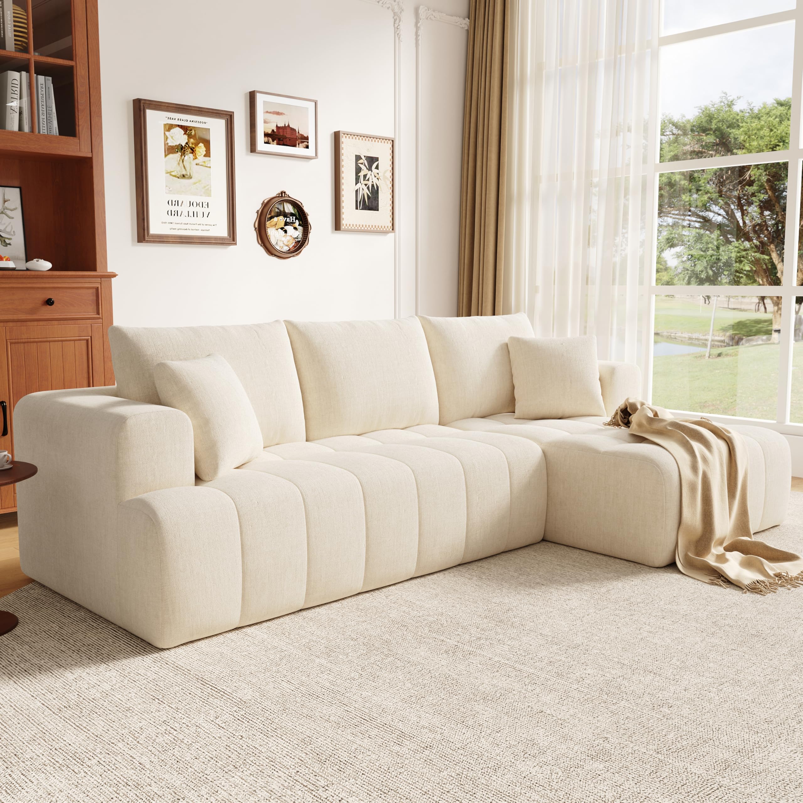 Sapgaks Canapé d'angle Convertible,canapé Convertible 3 Places,canapé 3 Places,modulaire en Forme de L sans Cadre,canapé Nuage Chenille, Librement combinable,Aucun Assemblage requis (Beige-G)