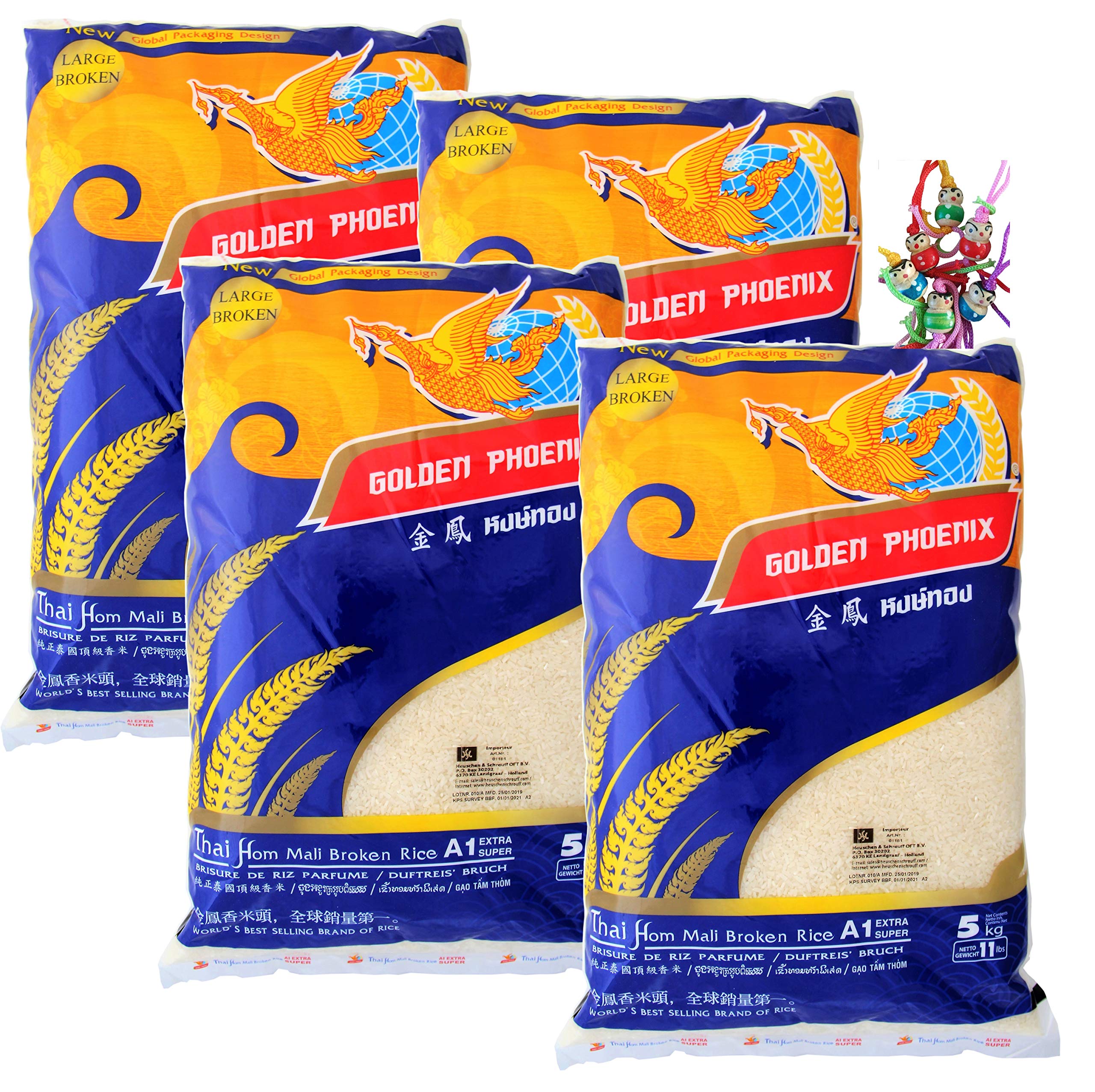 yoaxia ® - 4er Pack - [ 4x 5kg ] GOLDEN PHOENIX Thai Duftreis Bruch A1 EXTRA SUPER / Jasmine Broken Rice LARGE BROKEN + ein kleiner Glücksanhänger gratis