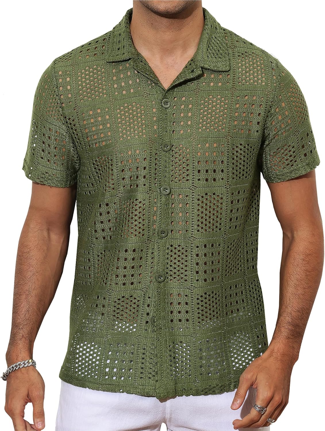 Mens Lace Shirt See Through Hollow Out Sheer Casual Short Sleeve Button Down Beach Shirts - Image 2
