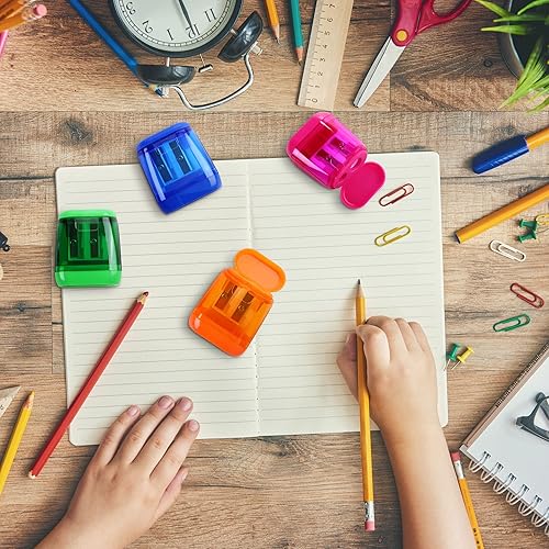 Miniatura 6 de Aodaer 48 sacapuntas manuales de doble agujero compacto con tapa para sacapuntas en oficina, hogar mezclado 4 colores