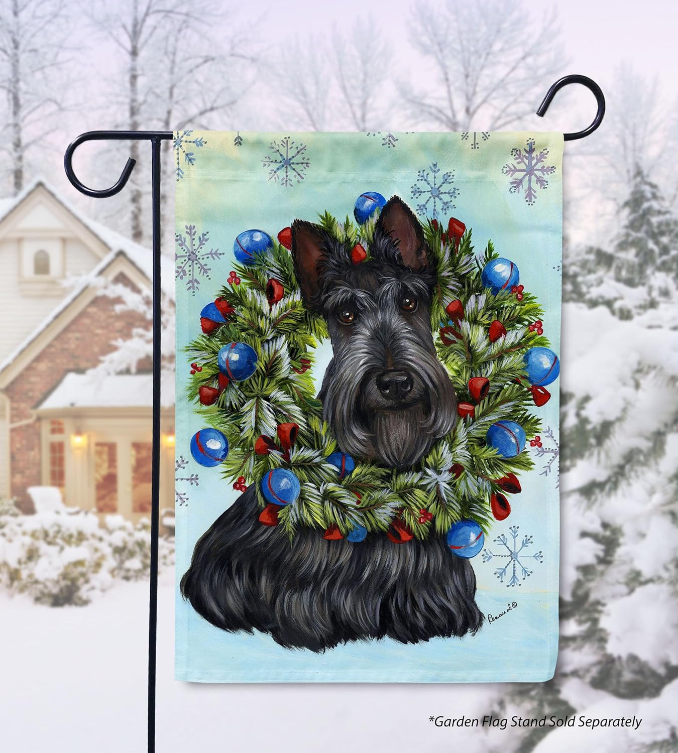 Flagology, Scottish Terrier Snowflake Dog Christmas Garden Flag 12" x 18", Outdoor Winter Holiday Yard Decor, Scottish Terrier Xmas Puppy Wreath, Precious Pets Paintings