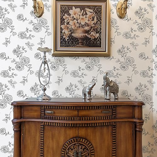 Miniatura 9 de Qianglive Papel tapiz floral para despegar y pegar, vinilo blanco y negro, 17.3 x 300 pulgadas, papel de contacto extraíble impermeable para
