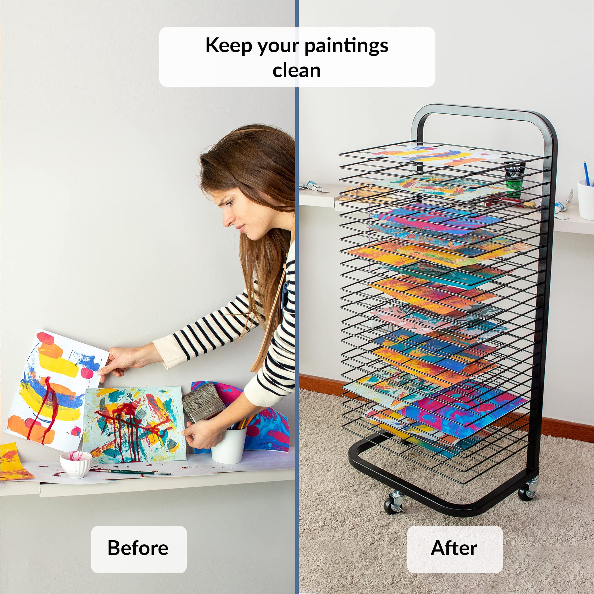 ODOXIA Support De Séchage d'art pour La Salle De Classe | Garde Art Propre | Séchoir À Toile | Rangement Toiles De Séchage | avec roulettes | Étagères Amovibles | Étagère Peinture, Dessins Et Plus