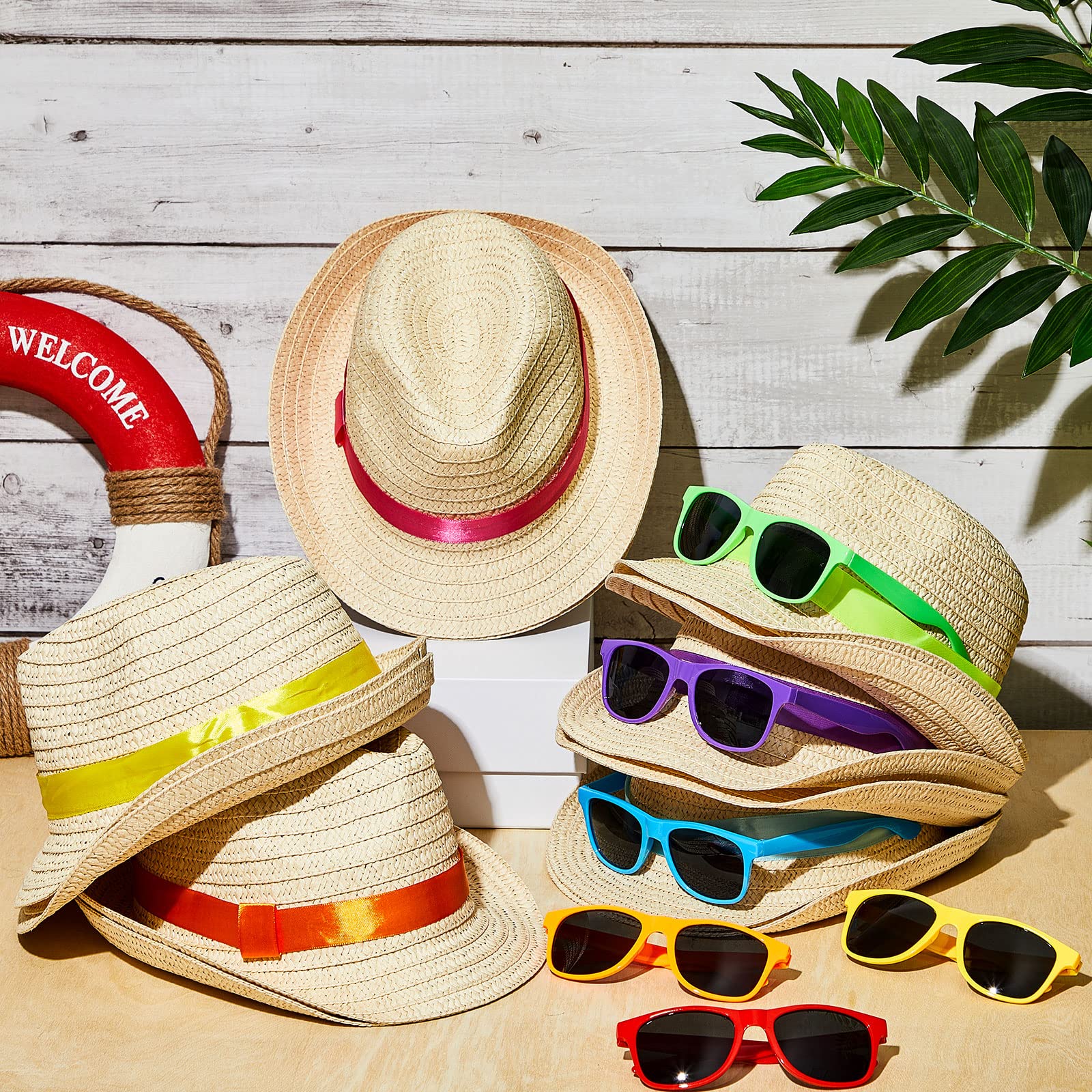 Newcotte Strohhüte mit Sonnenbrille, Fedora-Partyhüte für hawaiianische Luau-Zubehör, kubanische Sommergeschenke, Rot, Orange, Gelb, Grün, Blau, Violett, One Size