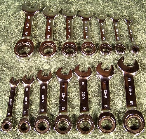 Juego de llaves de trinquete métricas y SAE Stubby de 14 piezas