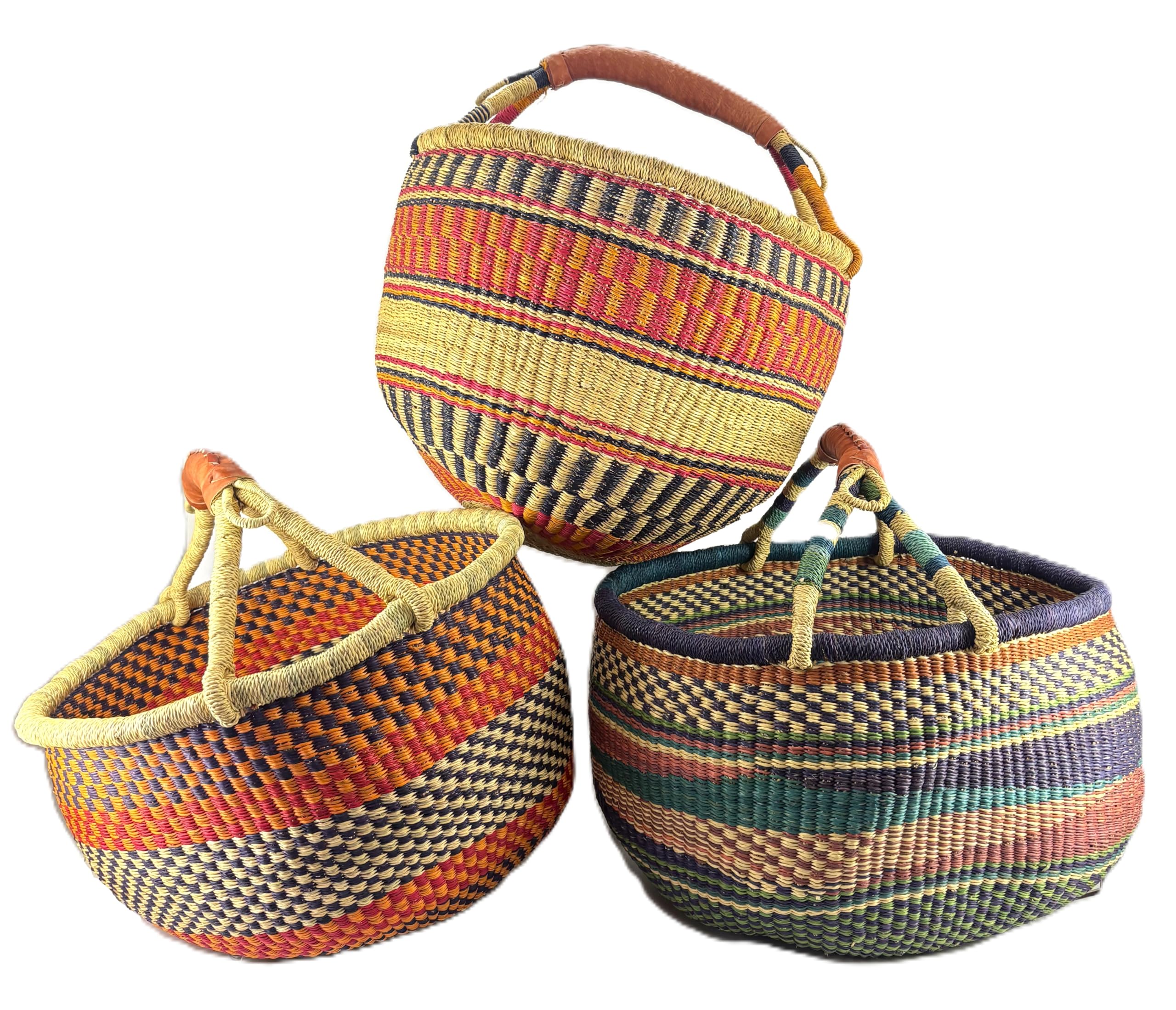 Grand panier rond Bolga original du Ghana en Afrique avec poignée en cuir issu du commerce équitable - Environ 35-40 cm