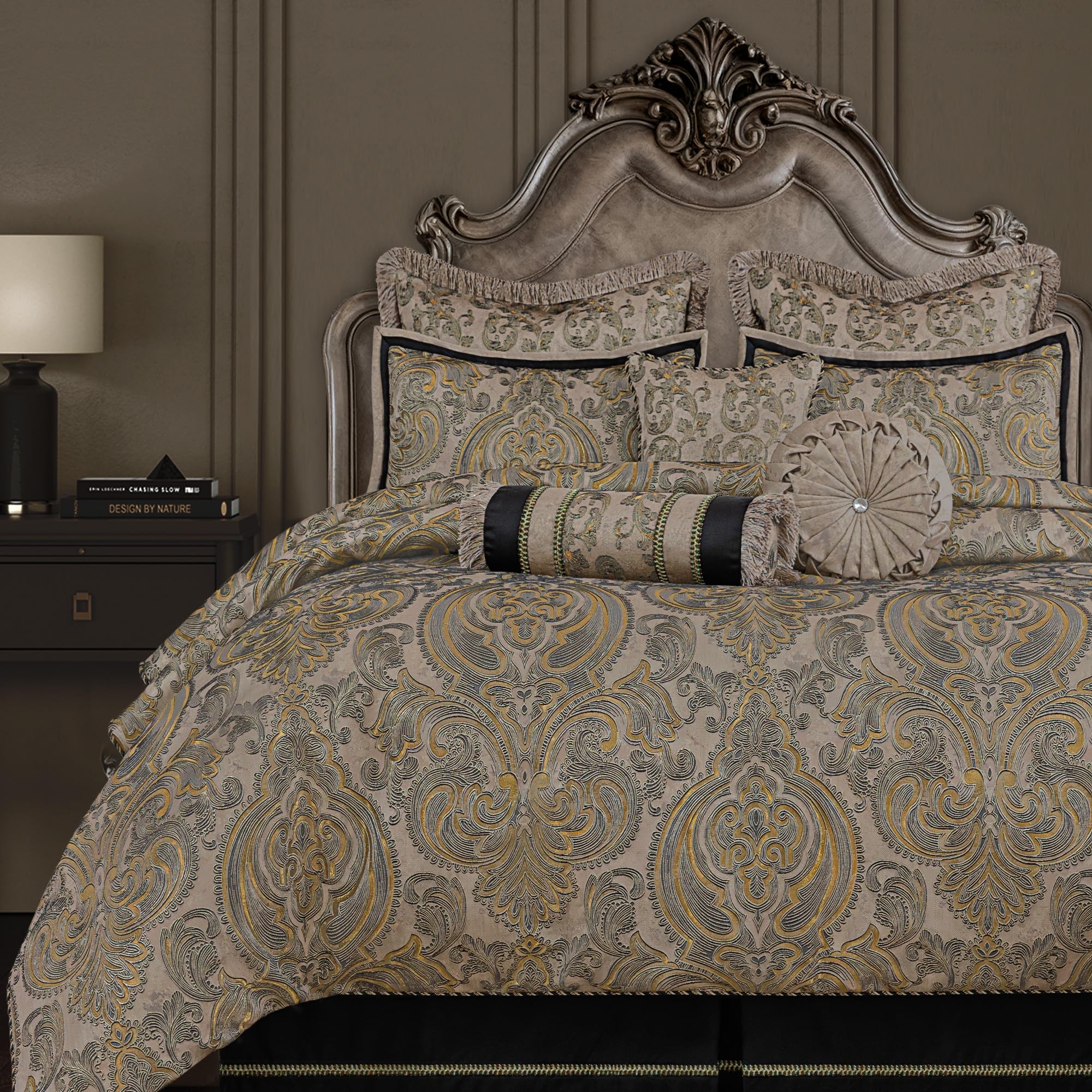 Photo 1 of Loom and Mill 9-Piece European Damask Comforter Set, Taupe+Gold+Gray, King