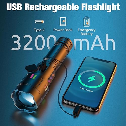 Miniatura 3 de FIXEY AN Linterna recargable, LED de 120000 lúmenes, linterna táctica con zoom, 5 modos, indicador de encendido, IPX7 impermeable, linterna súper
